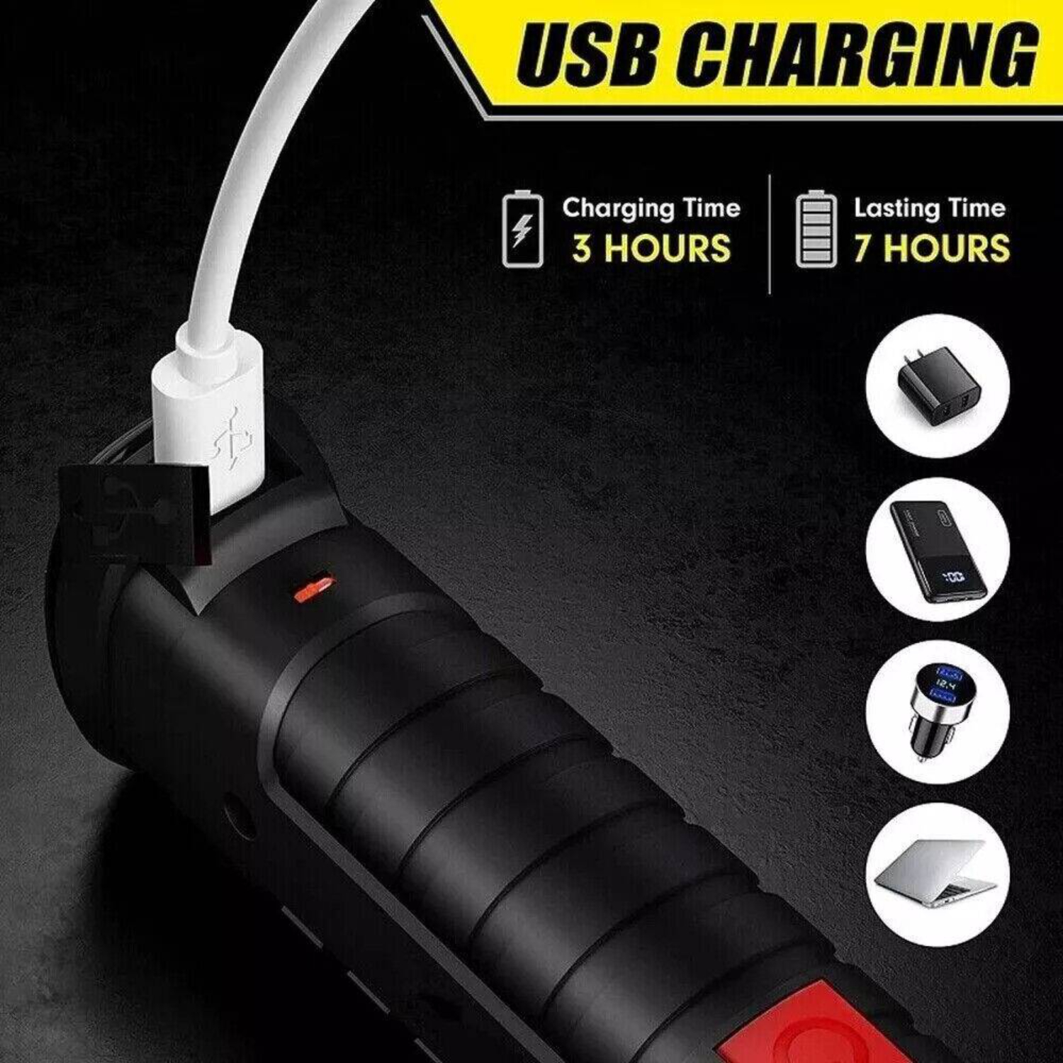 Schwarzes Ladegerät mit angeschlossenem USB-Kabel, Informationsetiketten.