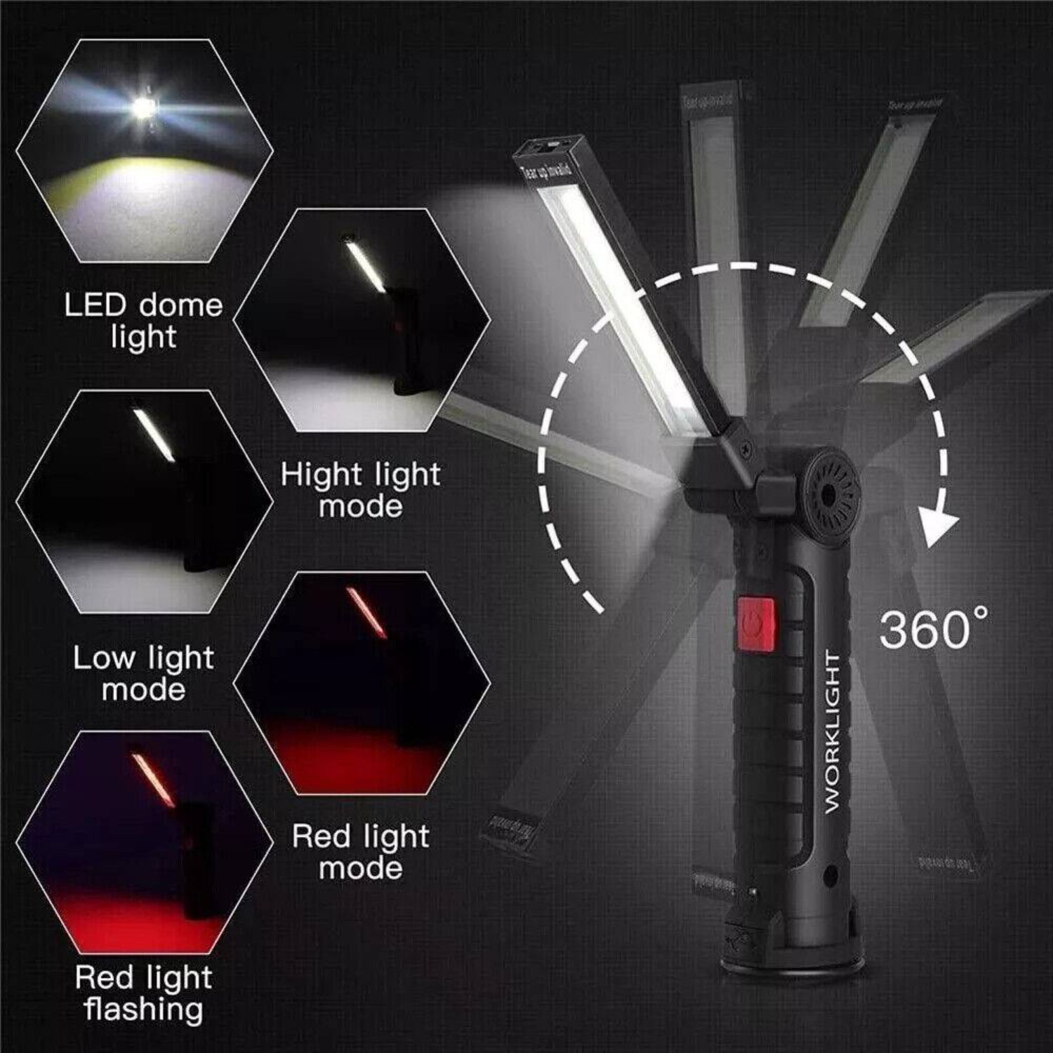 Schwarz-rotes Arbeitslicht mit verschiedenen Lichtmodi und drehbarem Kopf. Mehrere Sechsecke werden gezeigt.