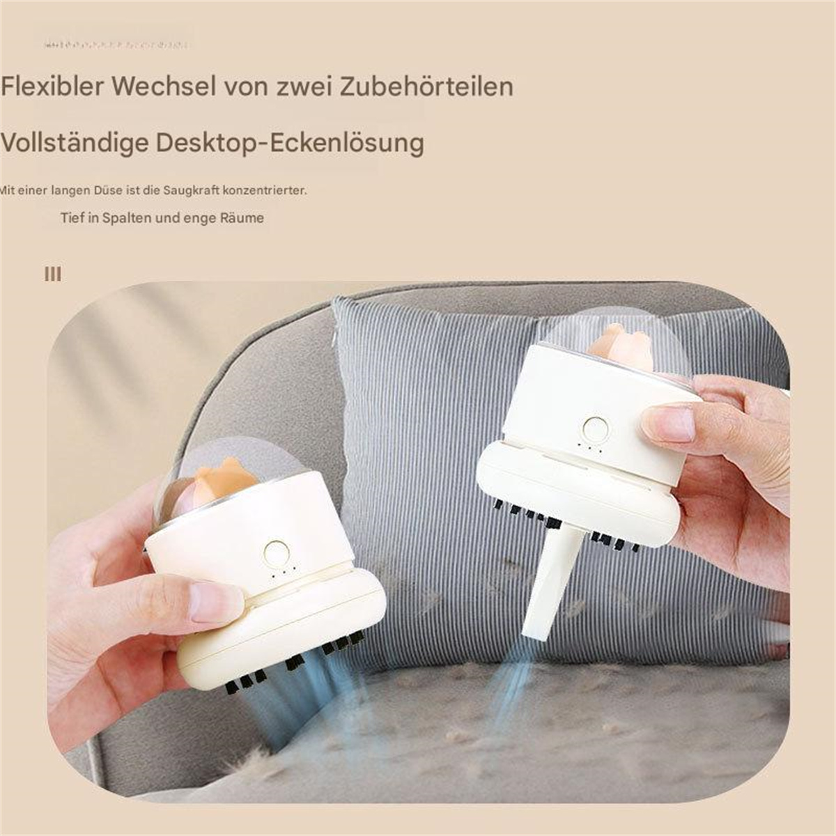 Zwei kleine weiße Staubsauger mit Bürsten. Hände halten sie.