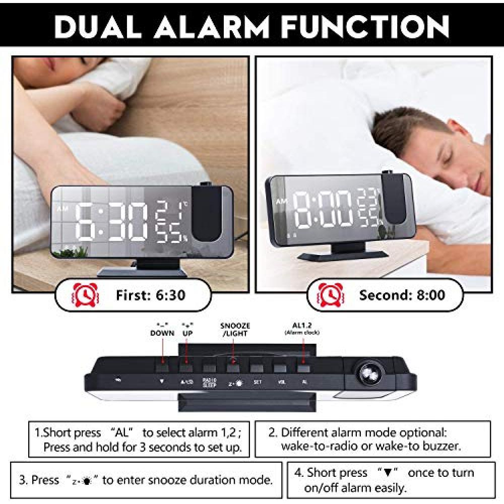 Ein digitaler Wecker mit Dual-Alarmfunktion. Zeigt die Zeit und die Einstellungen der Alarme an.