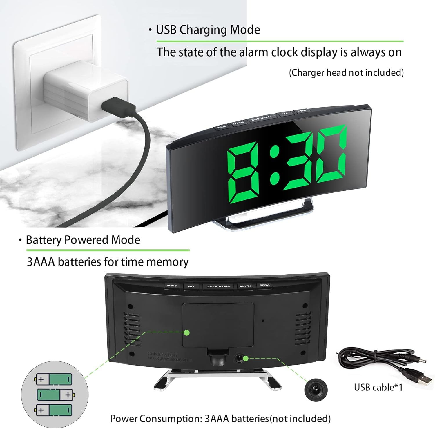 Digitaler Wecker mit grüner Anzeige. USB-Lade- und Batterieoptionen sind visualisiert.