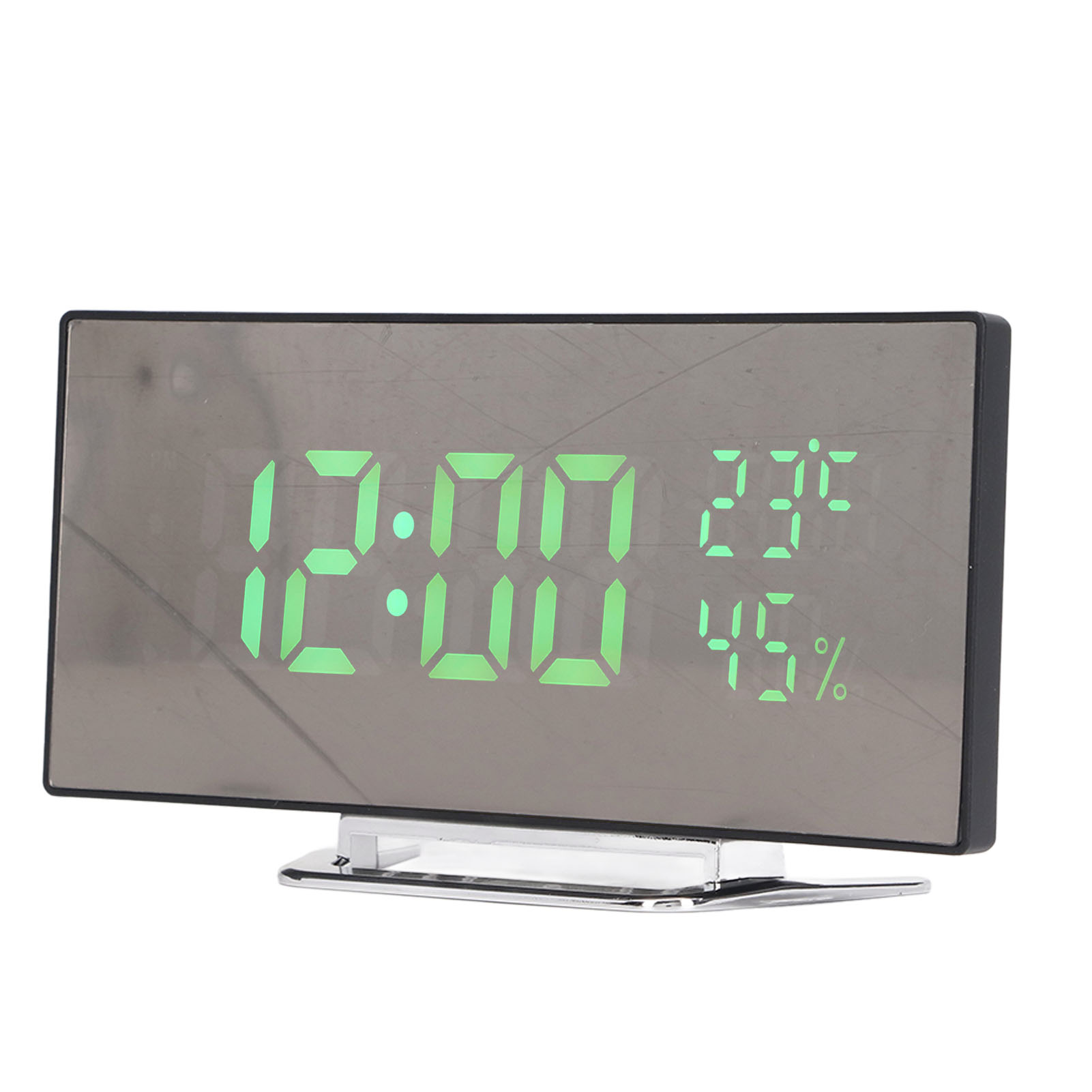 Digitaler Wecker mit Anzeige 12:00, 23°C und 45% Luftfeuchtigkeit. Silberne Spiegelfläche, grüne Ziffern.
