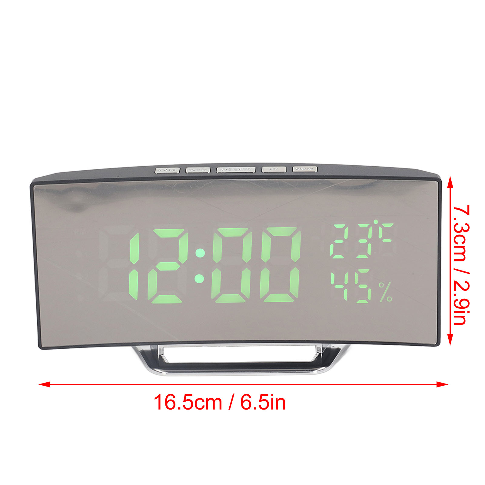 Digitaler Wecker mit reflektierender Oberfläche, die Zeit, Temperatur und Luftfeuchtigkeit anzeigt. Der Wecker ist schwarz.
