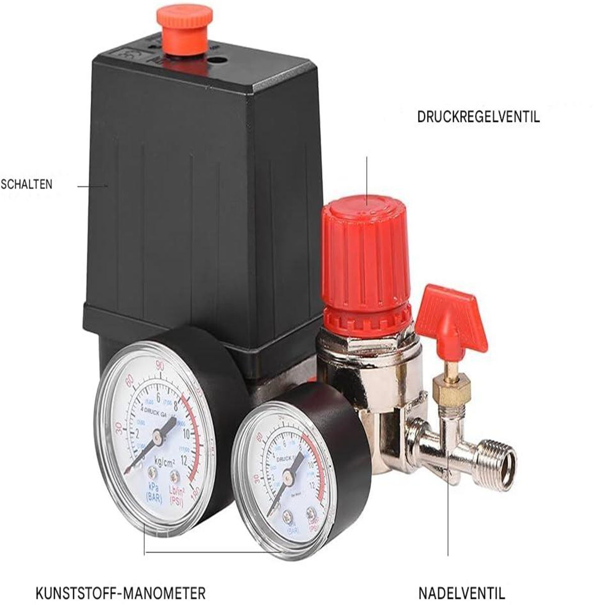 Luftkompressor-Druckschalter mit Manometern und rotem Druckregler. Schwarz und Silber.