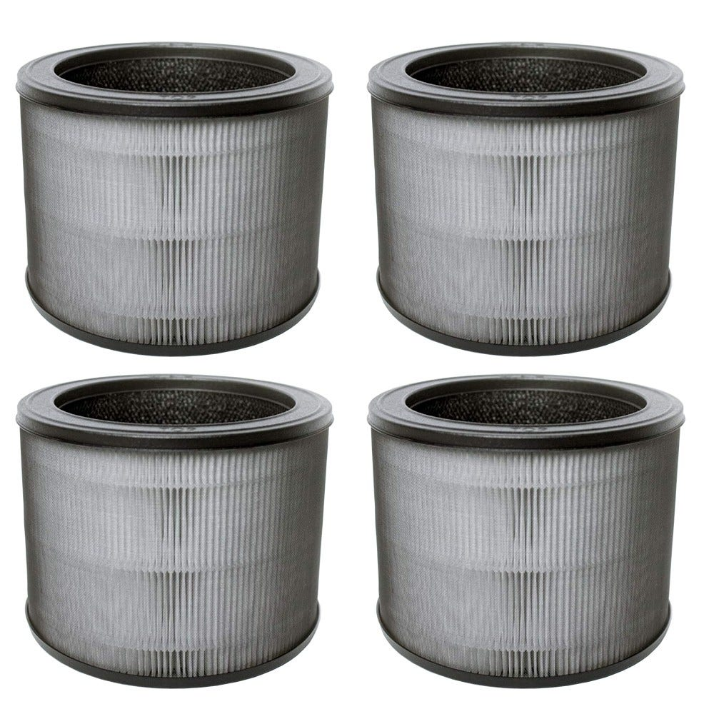 Vier zylindrische Luftfilter mit dunkelgrauem, plissiertem Medium.