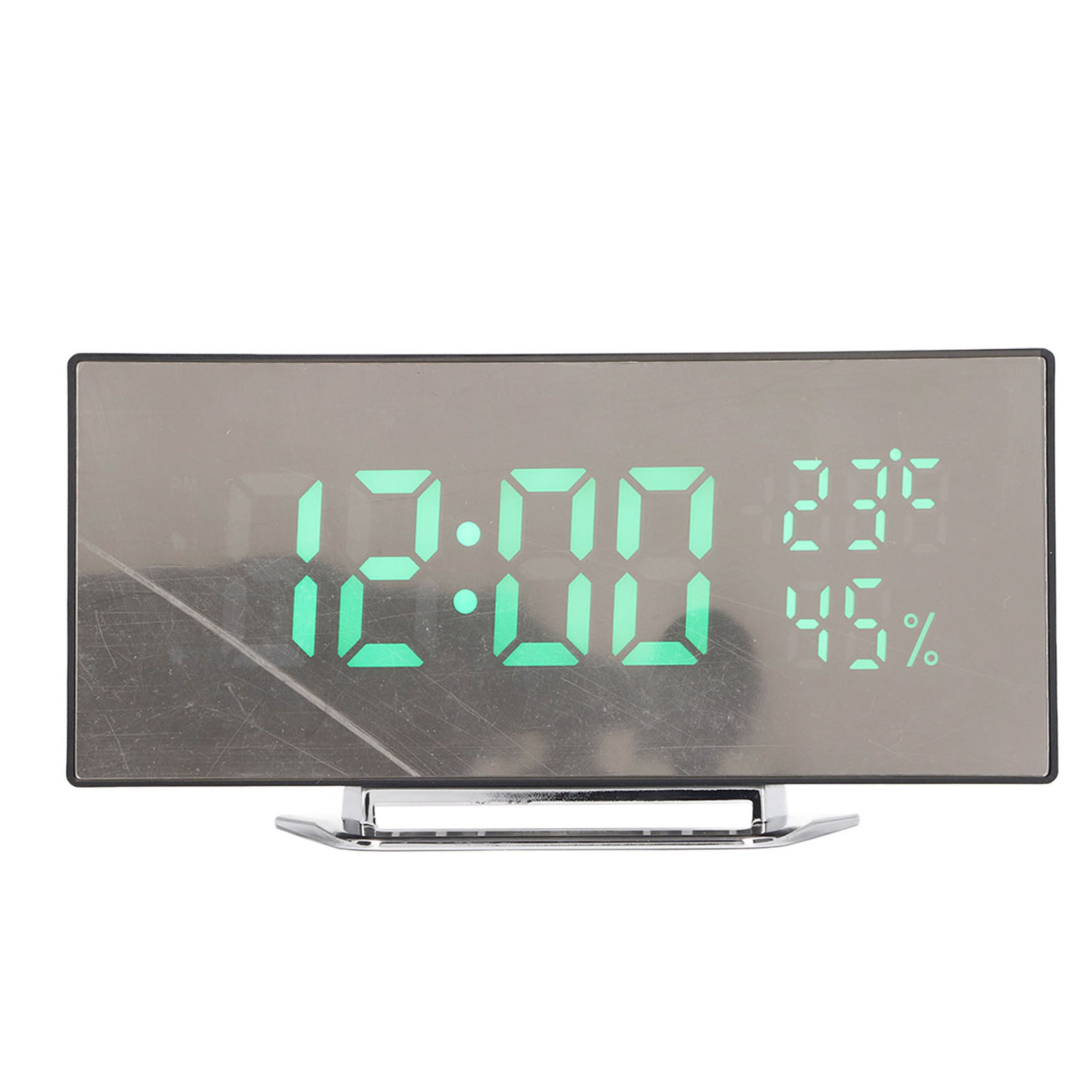Digitaler Wecker mit Zeit-, Temperatur- und Feuchtigkeitsanzeige.