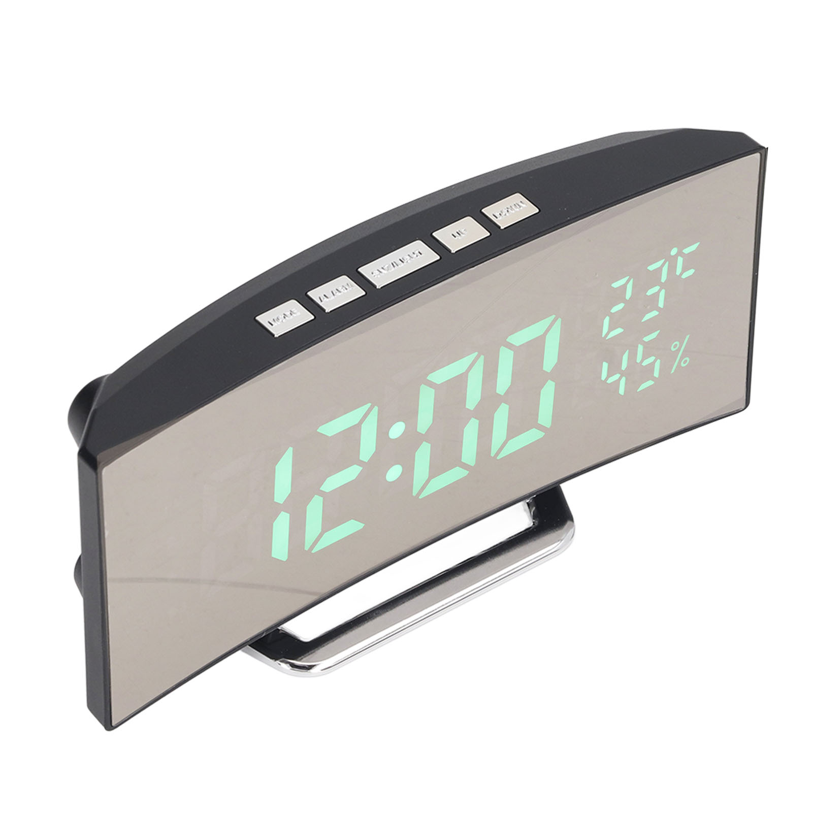 Digitaluhr mit Anzeige 12:00 und Temperatur/Luftfeuchtigkeit. Schwarzer Rahmen, silberner Sockel mit grünen digitalen Zahlen.