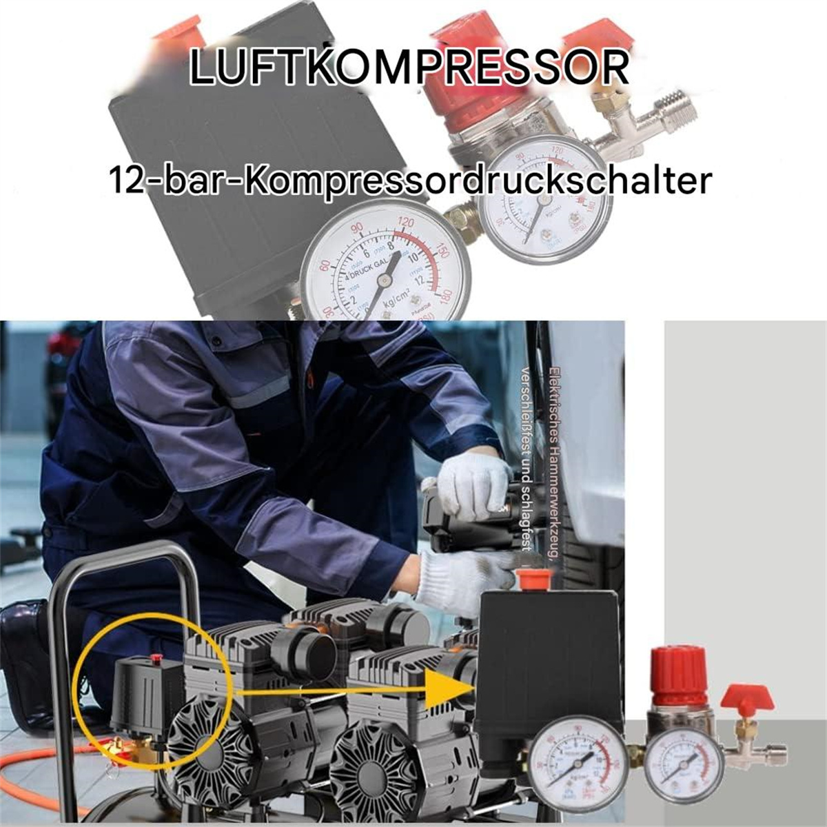 Luftkompressor mit Messgeräten und einer Person.