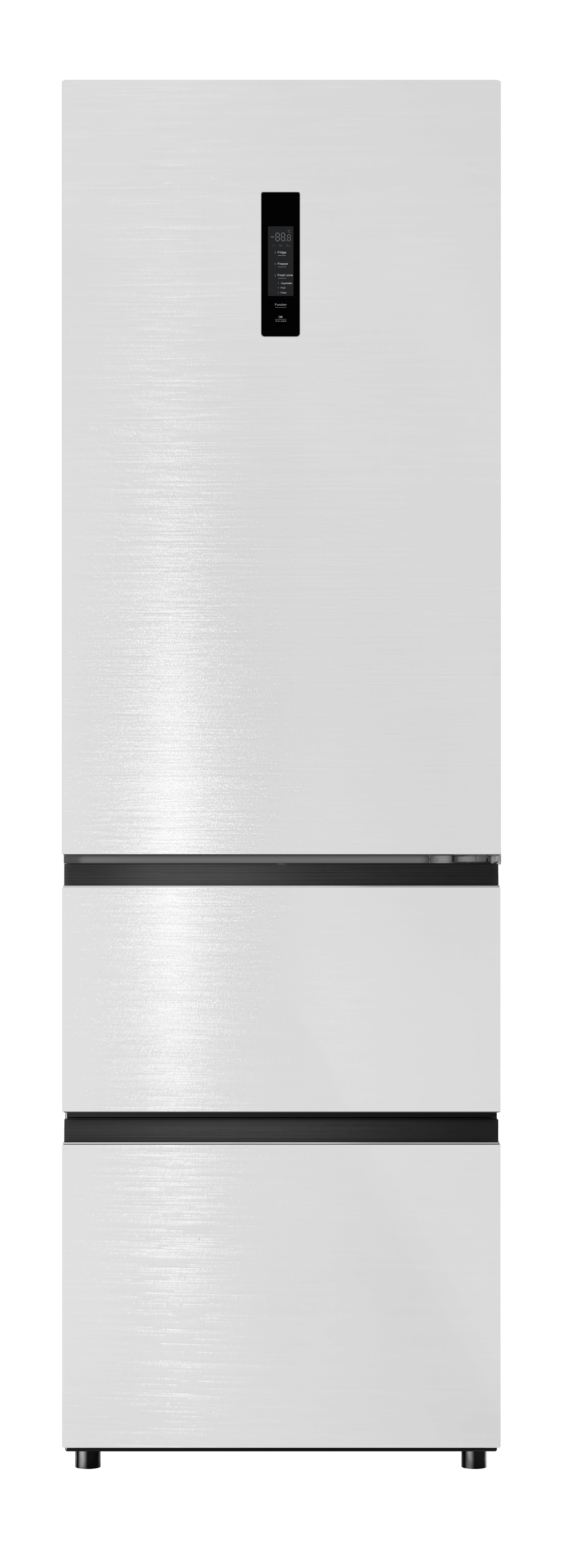 Weißer Kühlschrank mit zwei Gefrierschubladen und einem Display oben.