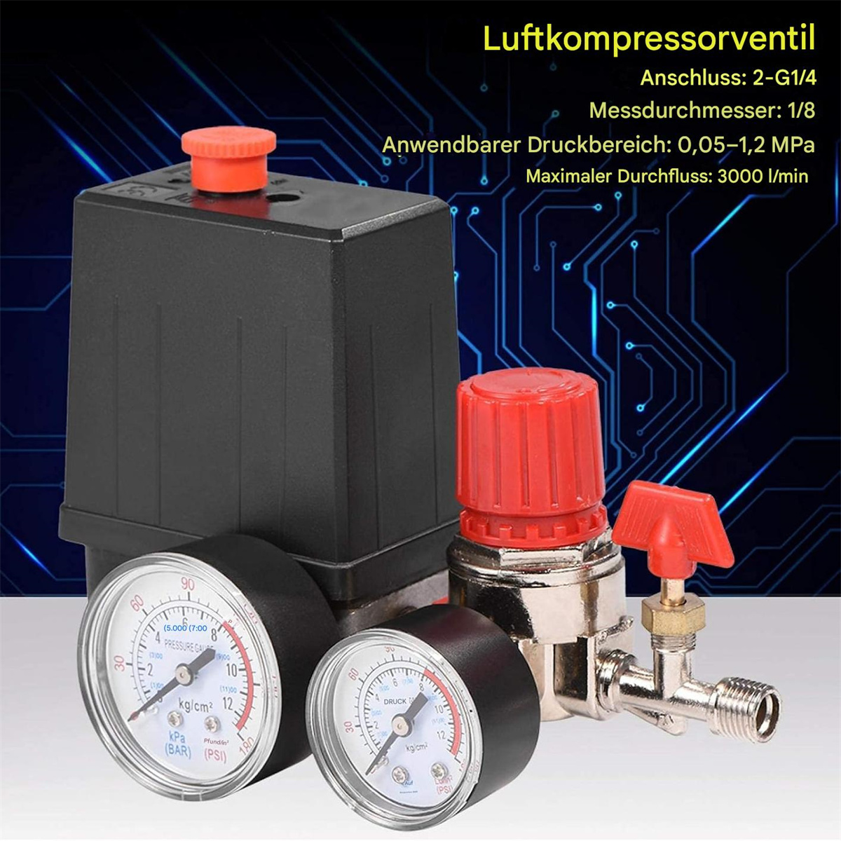 Luftkompressor-Komponenten, einschließlich Manometern und einem Regler.