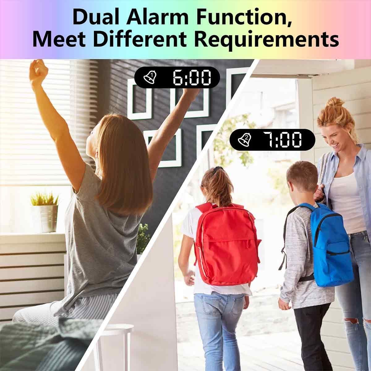 Bild zeigt eine Uhr mit 6:00 und 7:00 Uhr Alarmen. Eine Frau dehnt sich, Kinder bereiten sich auf die Schule vor.