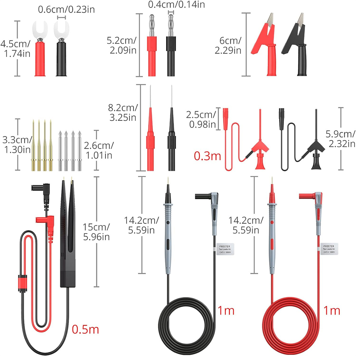 Verschiedene elektrische Testwerkzeuge. Rote und schwarze Kabel, Multimeter und Sonden. Weißer Hintergrund mit Messungen.
