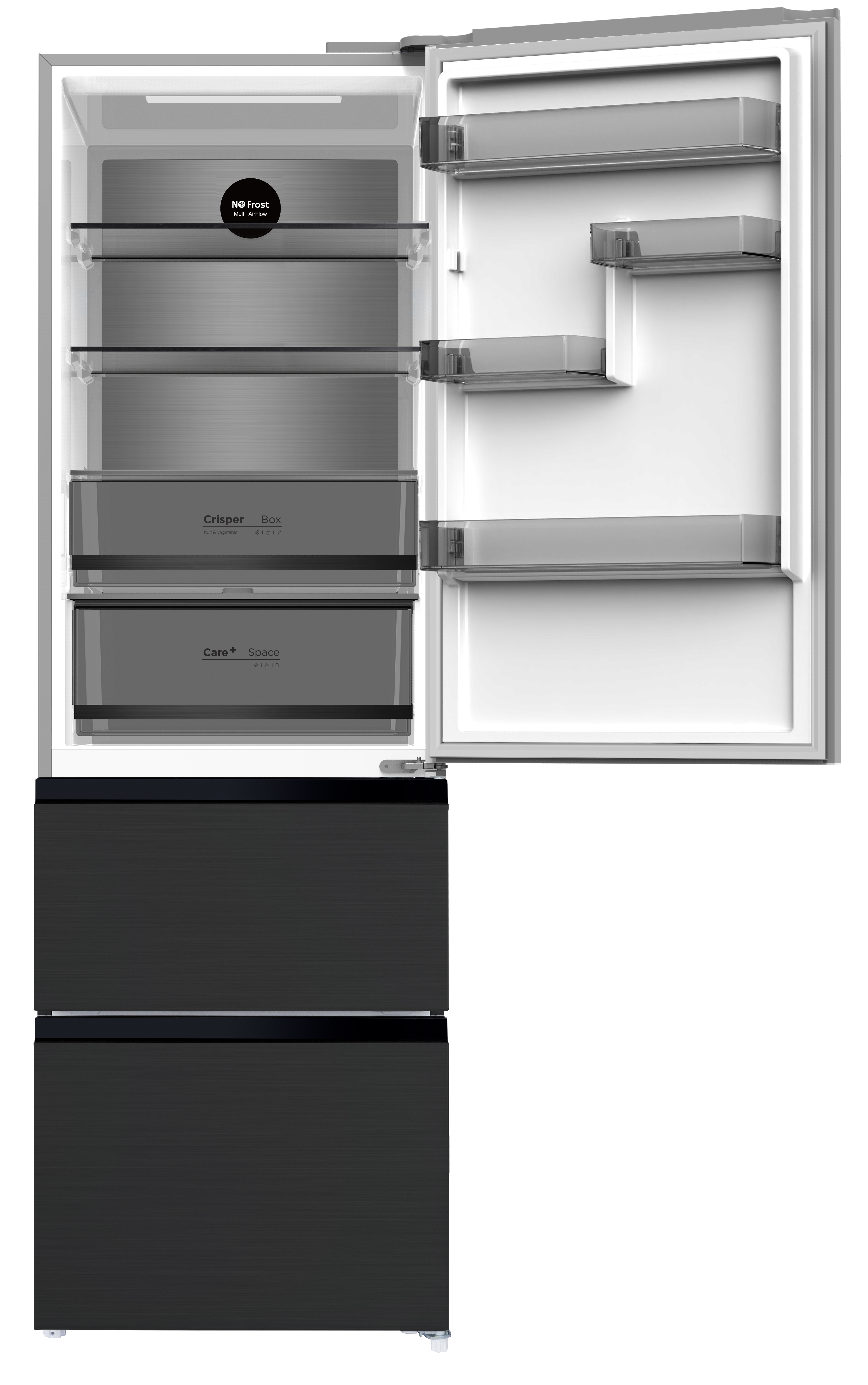 Geöffneter Kühlschrank mit Regalen, Schubladen und Inhalt; schwarze Gefrierschubladen unten.