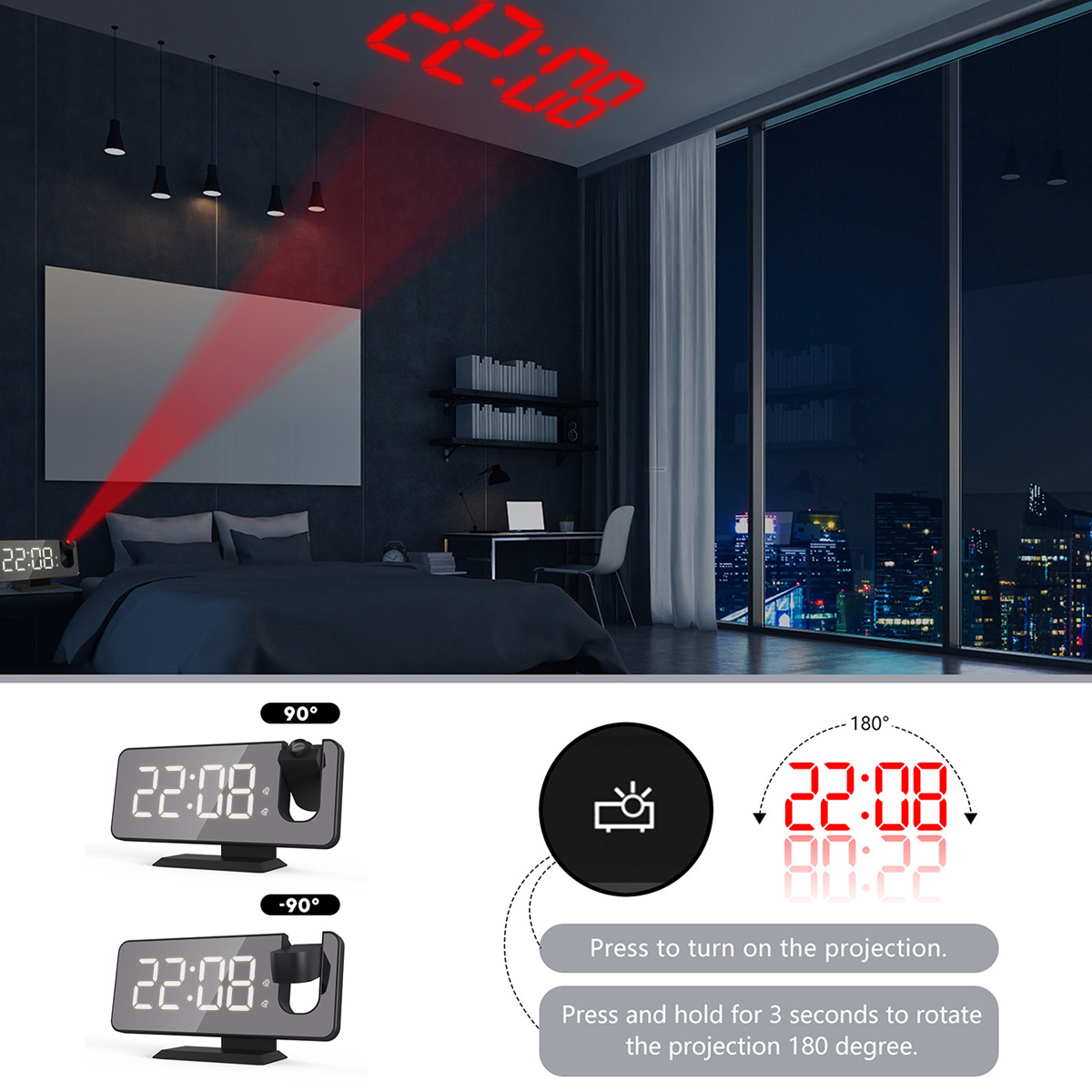 Eine Digitaluhr projiziert die Uhrzeit in Rot an die Decke. Die Uhr steht auf einem Nachttisch.