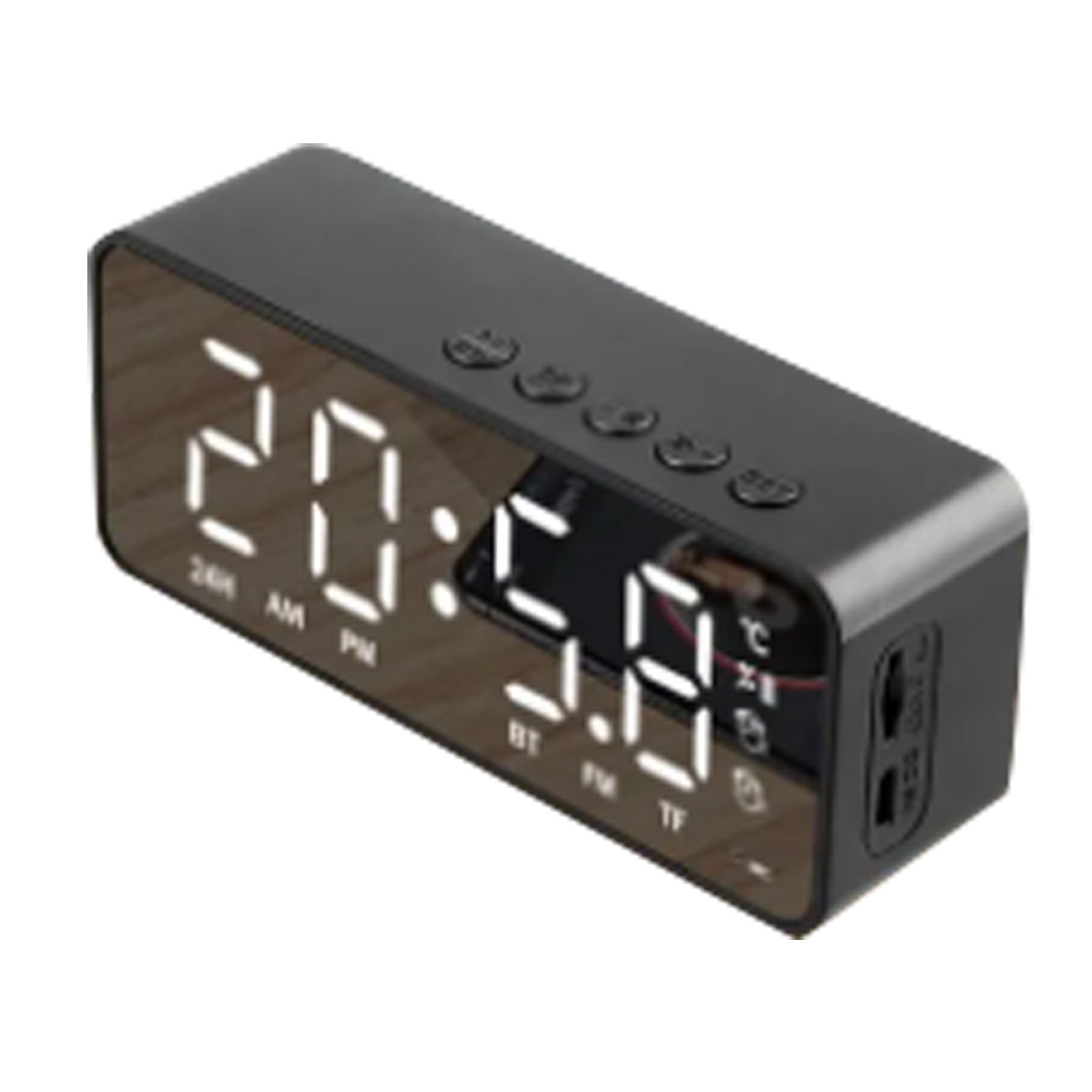 Schwarze Digitaluhr mit der Anzeige 20:59. Sie hat Tasten oben und Anschlüsse an der Seite.