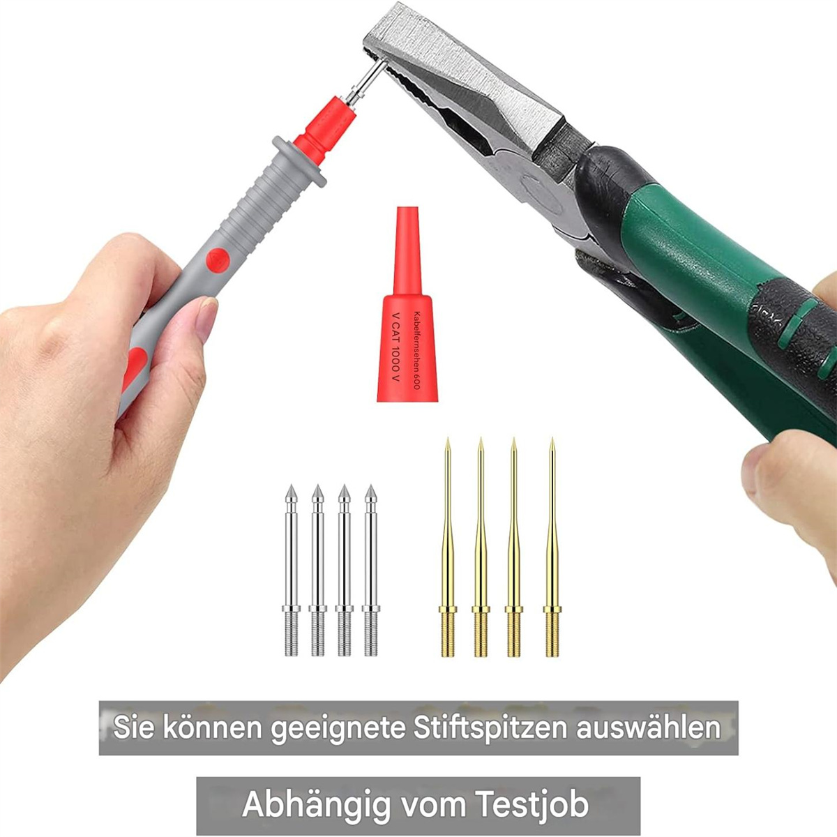 Hand, die eine Multimeter-Sonde in der Nähe einer Zange und verschiedener Sondenspitzen hält, rote Anschlussflasche in der Mitte.