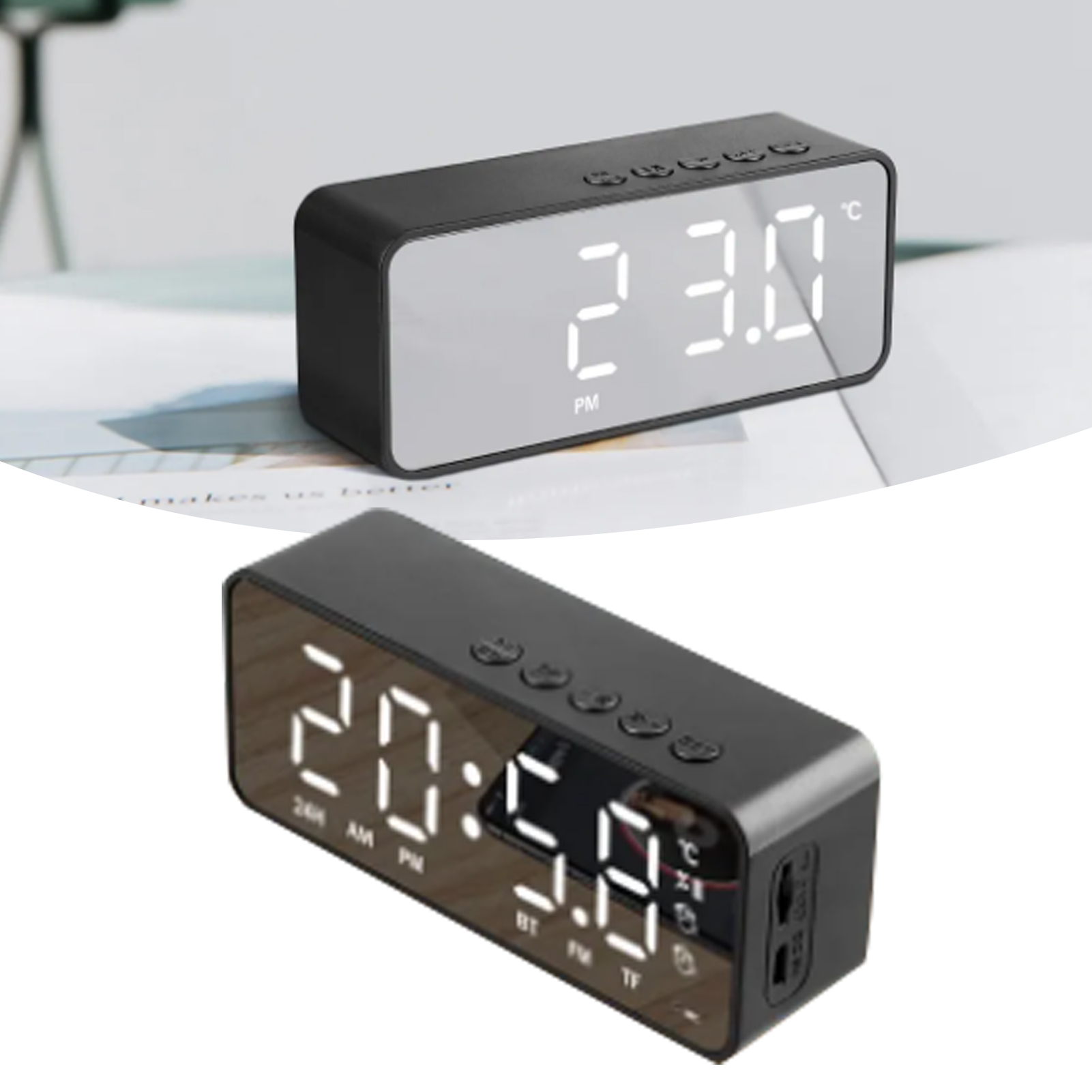 Zwei schwarze digitale Wecker, einer zeigt 23:0, der andere 20:59, auf weißem Hintergrund.