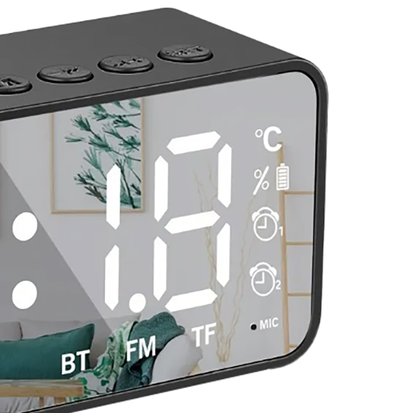 Schwarze Digitaluhr mit verspiegeltem Display. Sie zeigt Uhrzeit, Temperatur, Batterie und zwei Alarmsymbole an.
