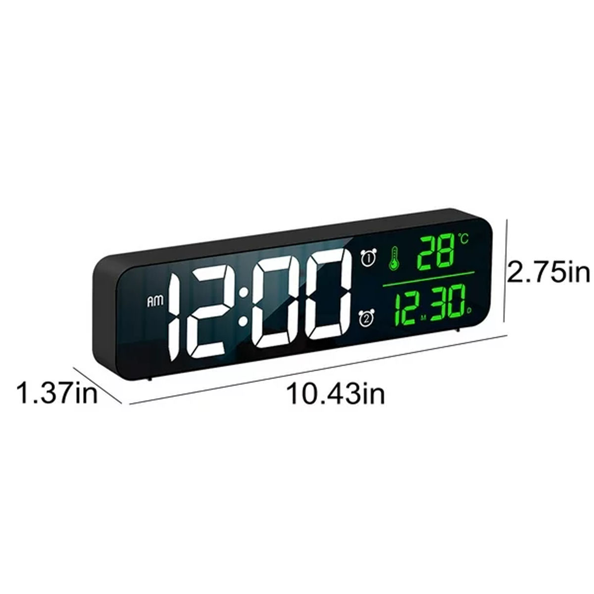 Eine Digitaluhr zeigt 12:00 AM und 12.30 mit Abmessungen in Zoll.