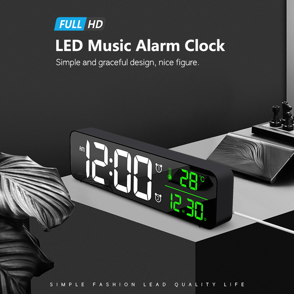 Schwarzer LED-Musikwecker mit Anzeige von Zeit und Temperatur. Einfaches Design, schöne Figur.