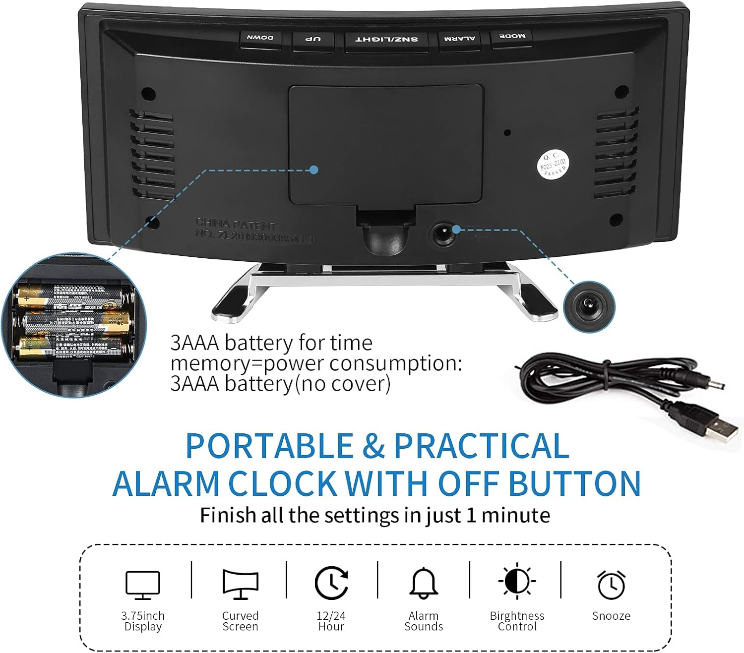 Schwarzer Wecker mit Batteriefach, USB-Kabel und Funktionssymbolen unten.