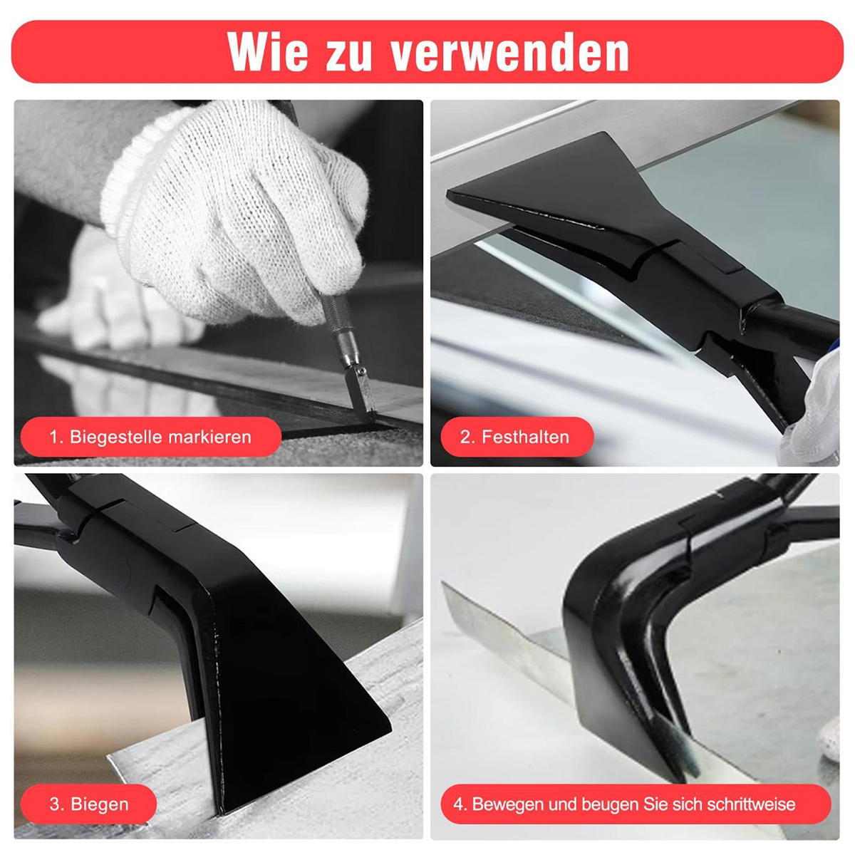 Vier Schritte zur Verwendung eines Werkzeugs zum Glasbrechen. Mit schwarzem Werkzeug.