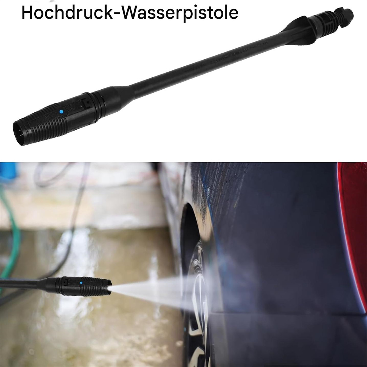 Schwarze Hochdruck-Wasserpistole, die Wasser versprüht. Im Hintergrund befindet sich ein Auto.