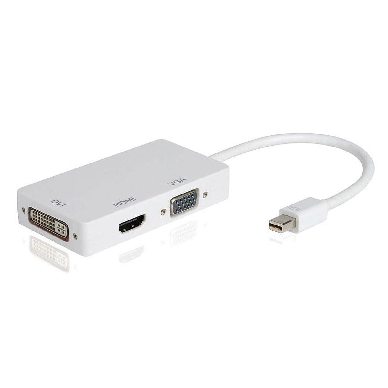 Weißer Adapter mit DVI-, HDMI- und VGA-Anschlüssen, mit Mini-DisplayPort-Kabel.