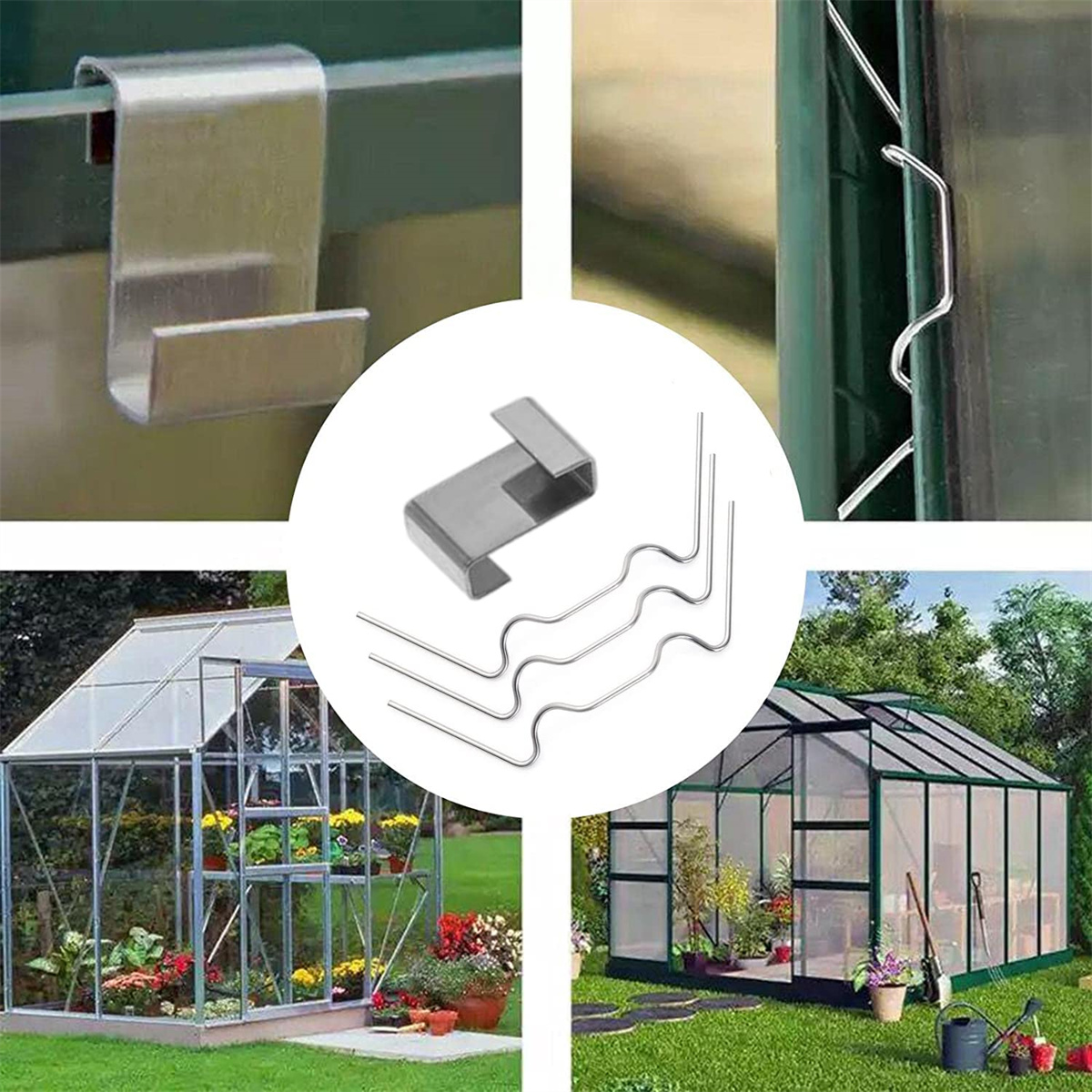 Verschiedene Metall-Gewächshausklammern und ein Gewächshaus. Die Klammern sind in verschiedenen Ansichten.