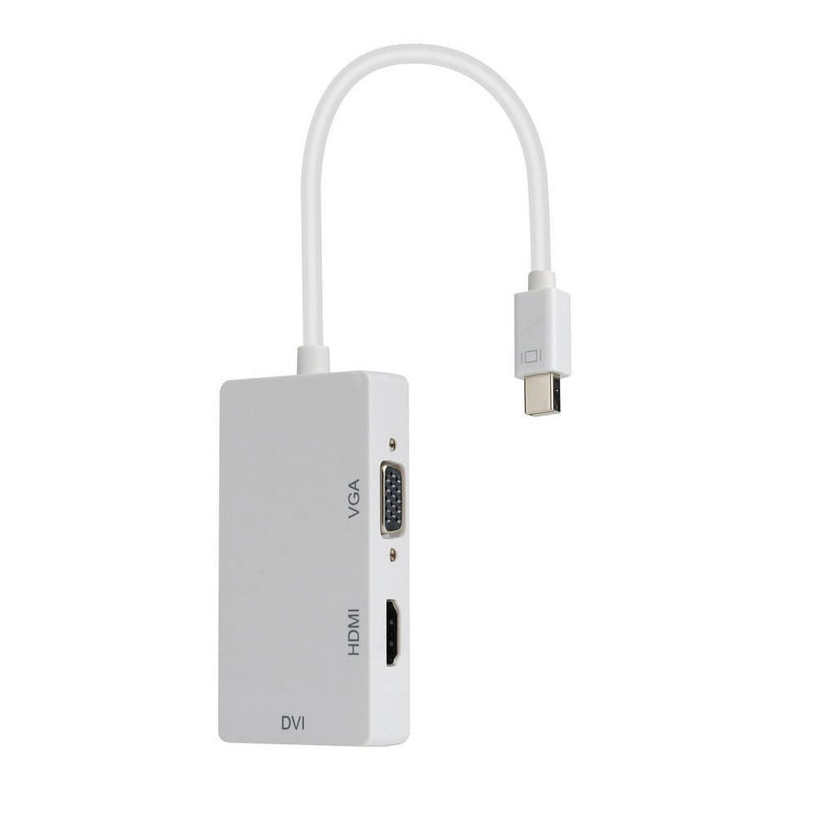 Ein weißer Adapter mit VGA-, HDMI- und DVI-Anschlüssen, der mit einem USB-C-Kabel verbunden ist.