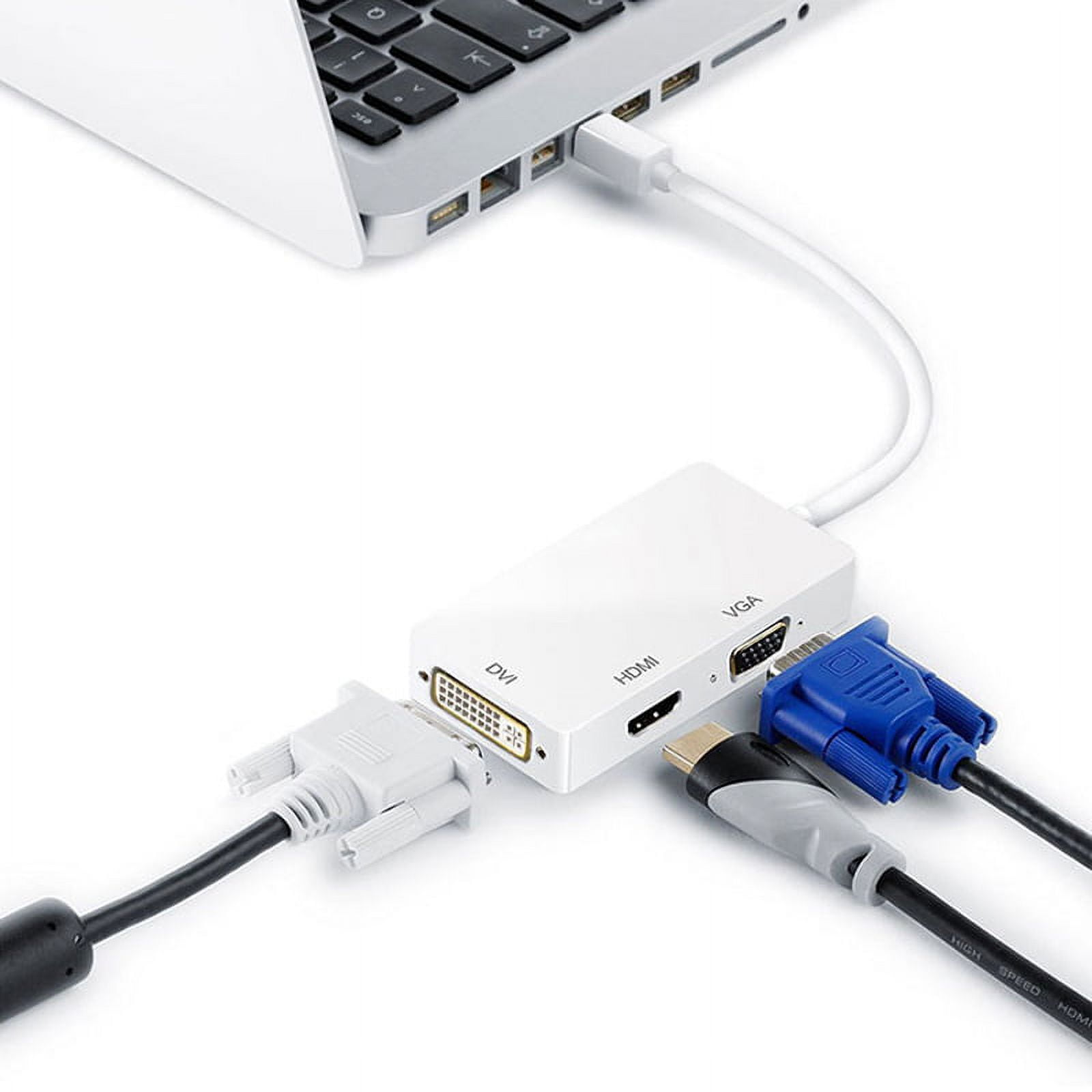 Weißer Adapter mit DVI-, HDMI- und VGA-Anschlüssen, verbunden mit Laptop.