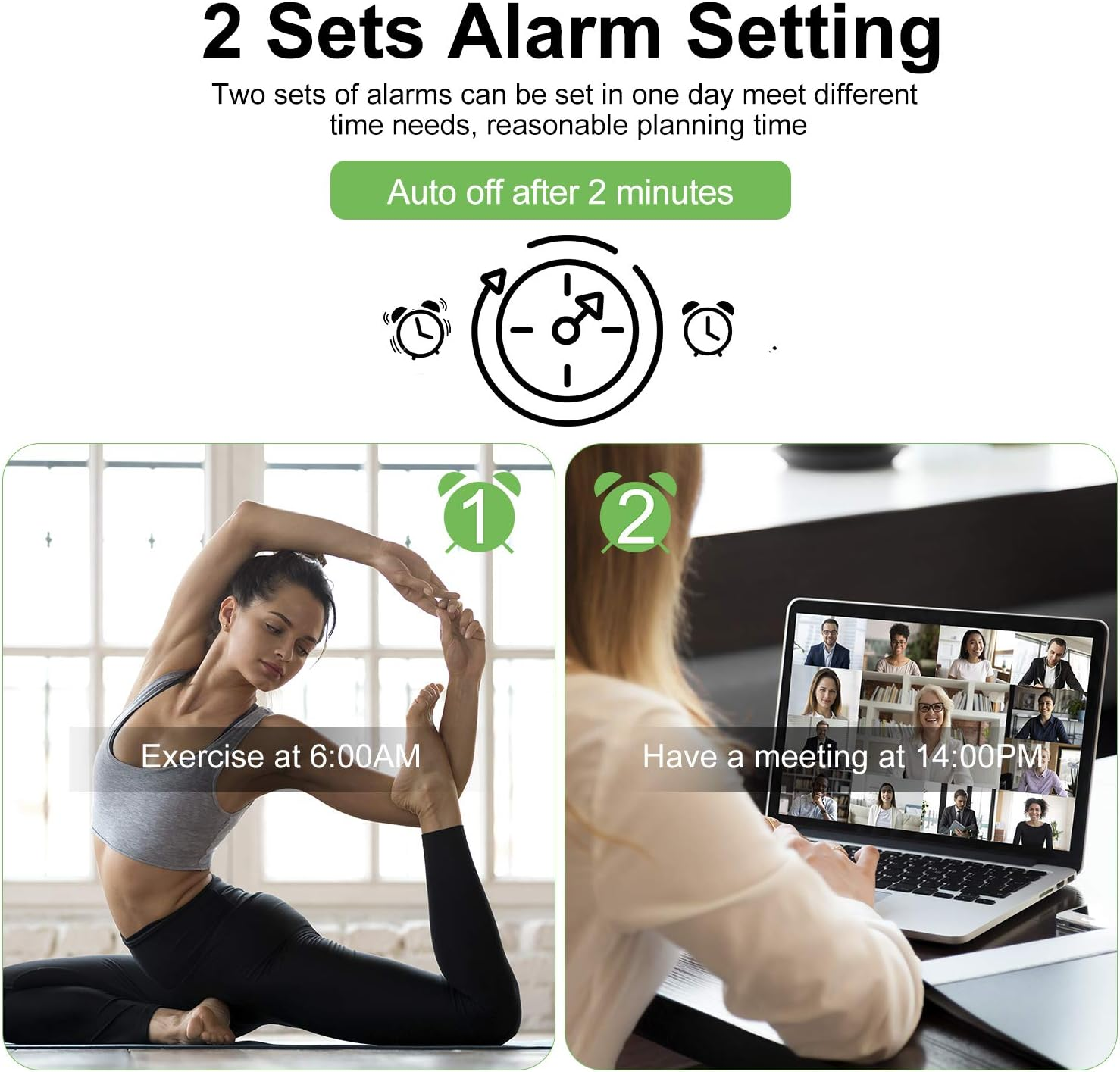 Das Bild zeigt ein Uhrsymbol, eine Yoga-Übende und eine Frau in einer Videokonferenz mit Texten über Alarme.