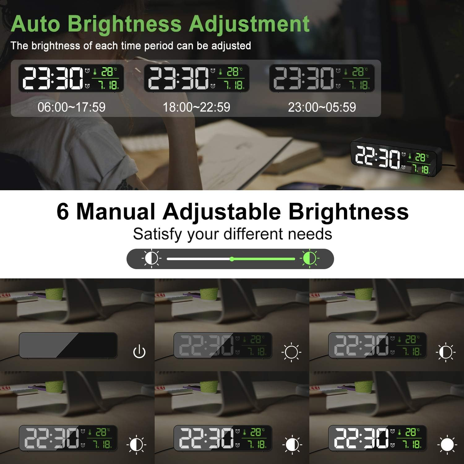 Digitaluhr mit Anzeige von Zeit und Temperatur, mit mehreren Helligkeitseinstellungen und einstellbarem Display.