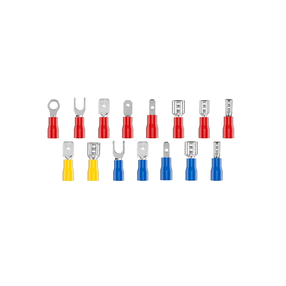 Ein Satz elektrischer Verbinder in Rot, Gelb und Blau, auf weißem Hintergrund.