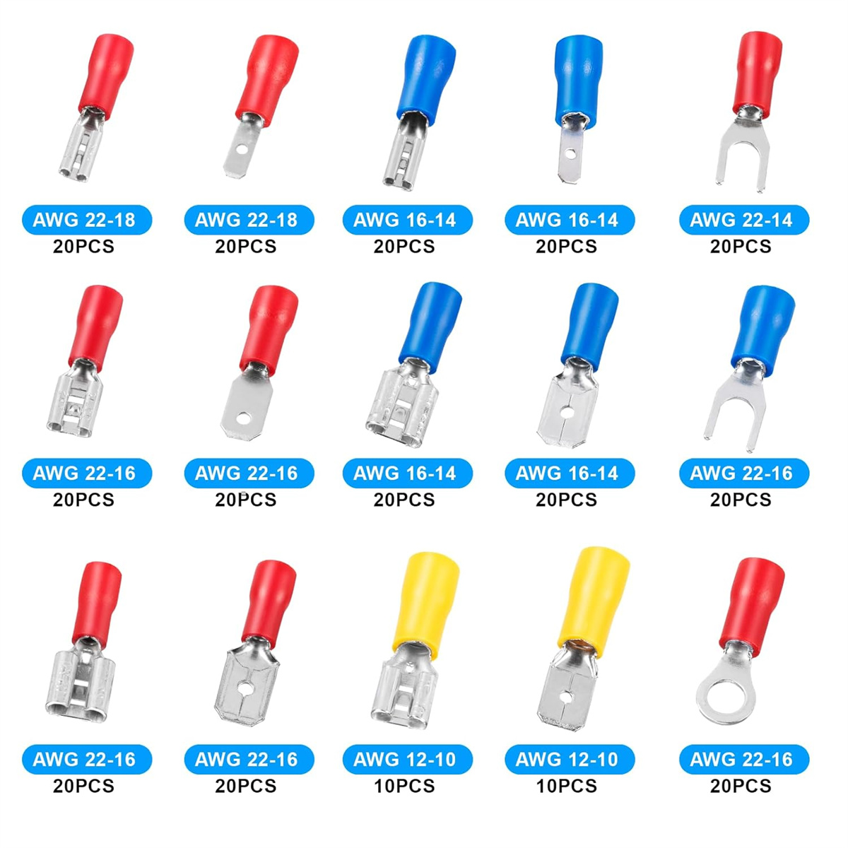 Verschiedene elektrische Crimp-Anschlüsse in Rot, Blau und Gelb, mit Größen- und AWG-Angaben auf weißem Hintergrund.