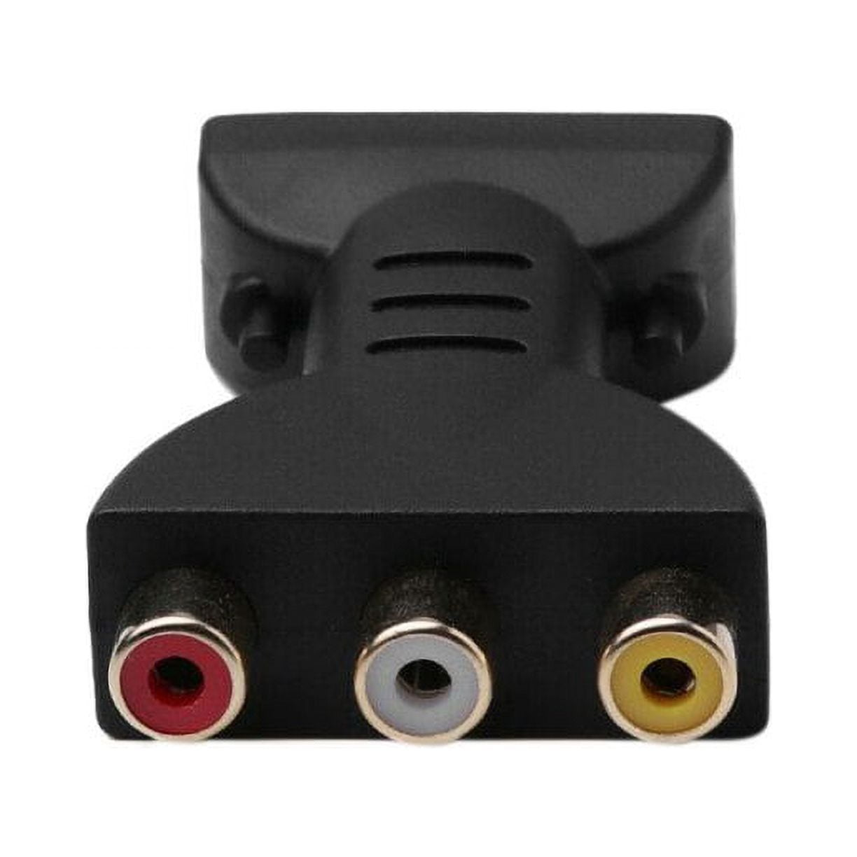 Ein schwarzer Cinch-auf-HDMI-Adapter mit drei Anschlüssen.