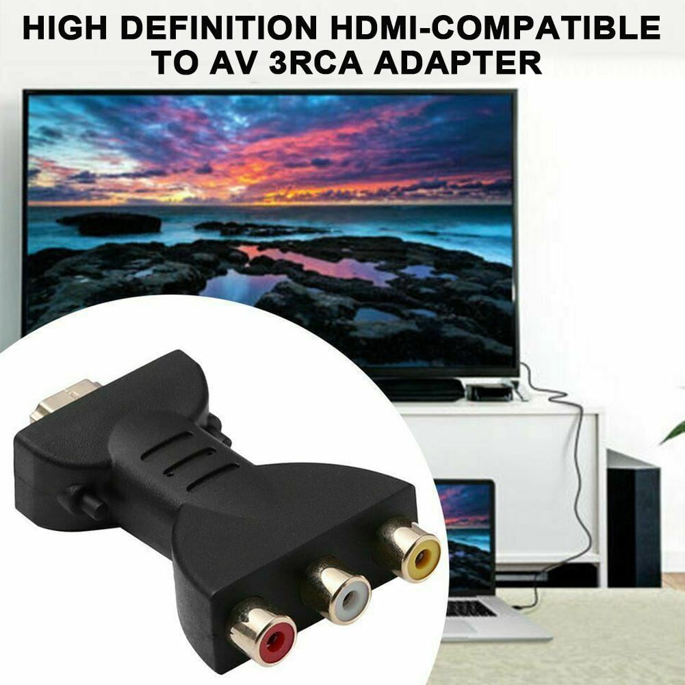 Schwarzer HDMI-zu-AV-Adapter. Schwarzer Hintergrund. Rote, gelbe und weiße Eingänge.