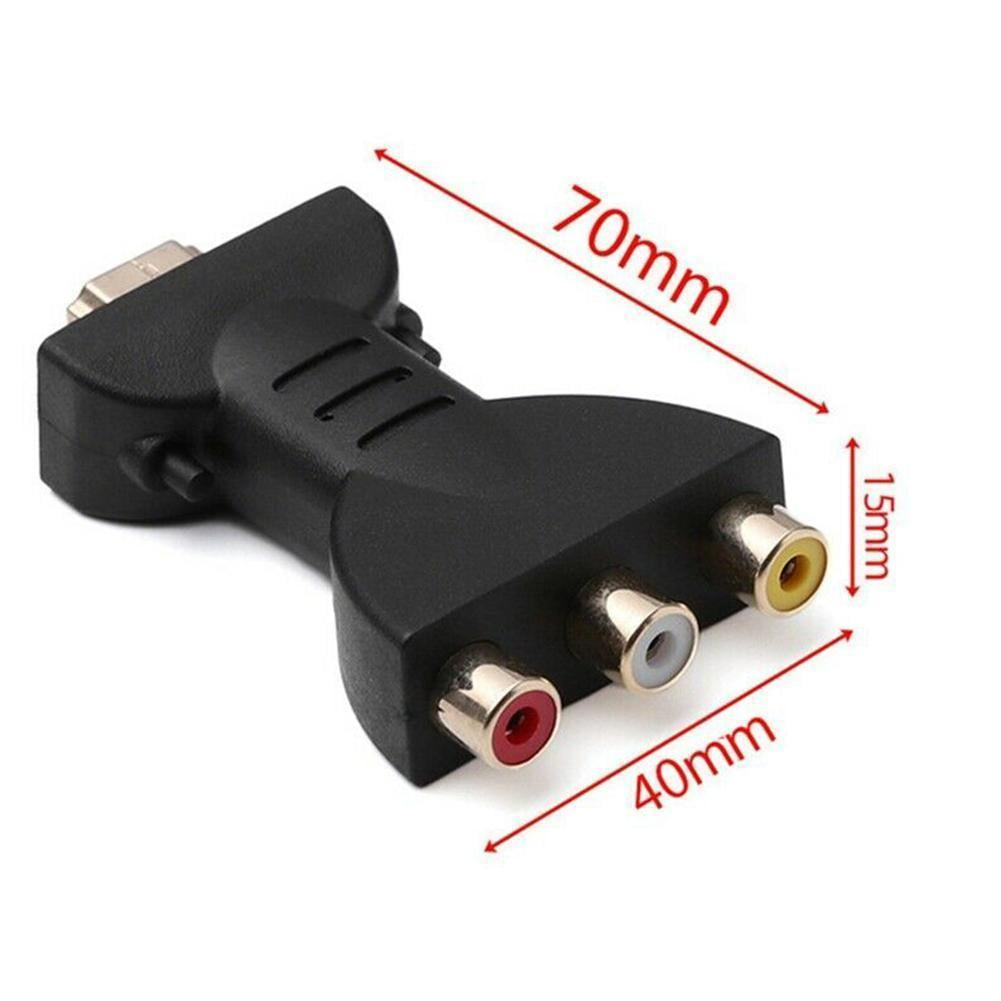 Ein schwarzer Adapter wandelt von einem VGA-Port in RCA-Ports (rot, weiß, gelb) um.