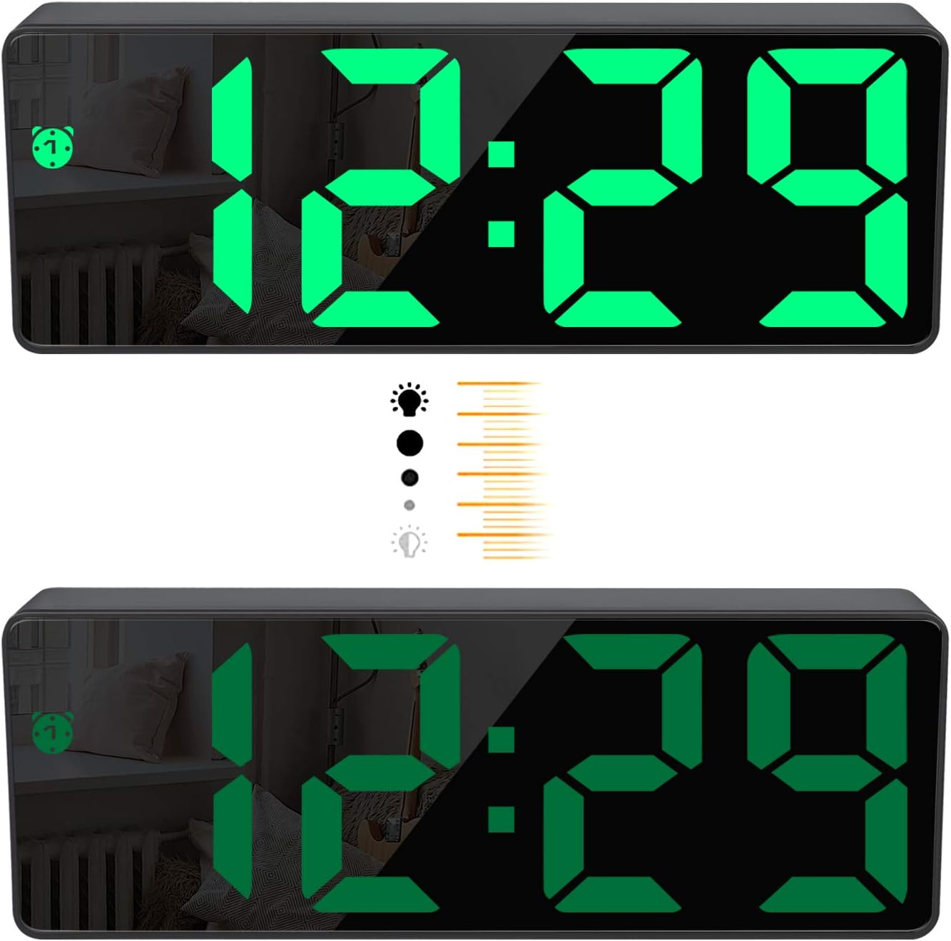 Zwei digitale Wecker mit 12:29 Uhr und Anzeigeleuchten.