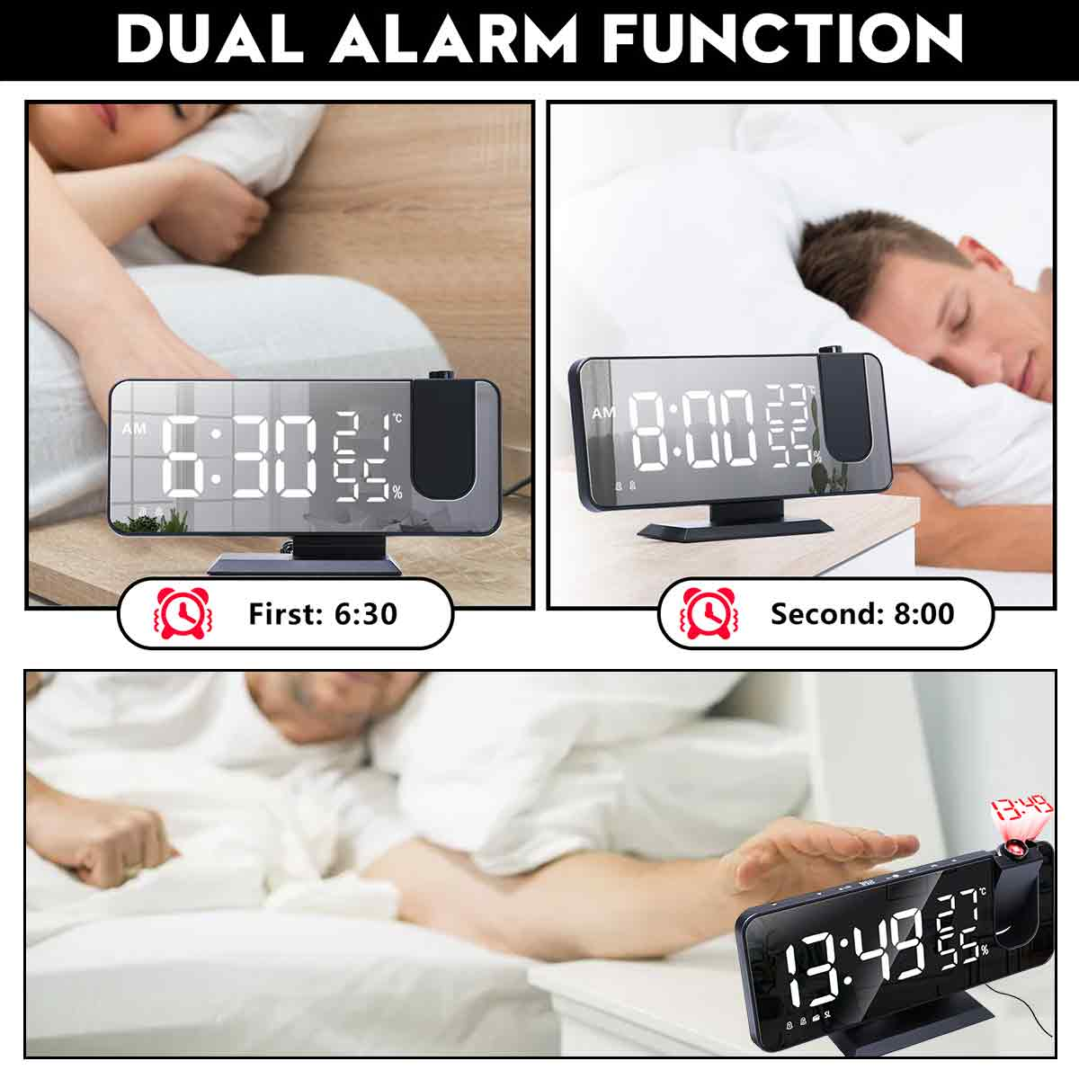 Bilder, die einen digitalen Wecker mit Dual-Alarm-Funktion und Projektion zeigen.