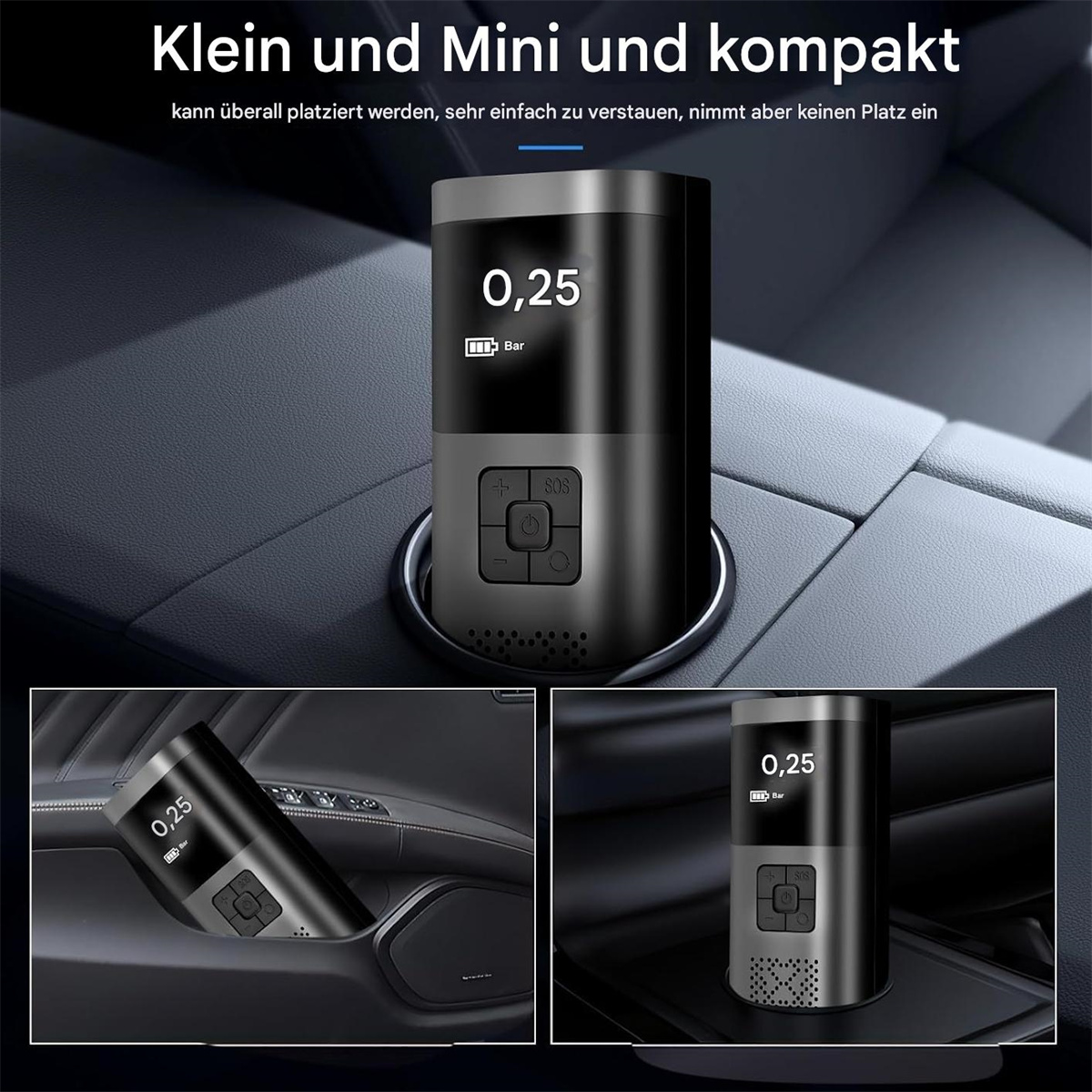 Eine kleine schwarze Luftpumpe. Sie wird mit ihrer kompakten Größe präsentiert und im Getränkehalter eines Autos gezeigt.