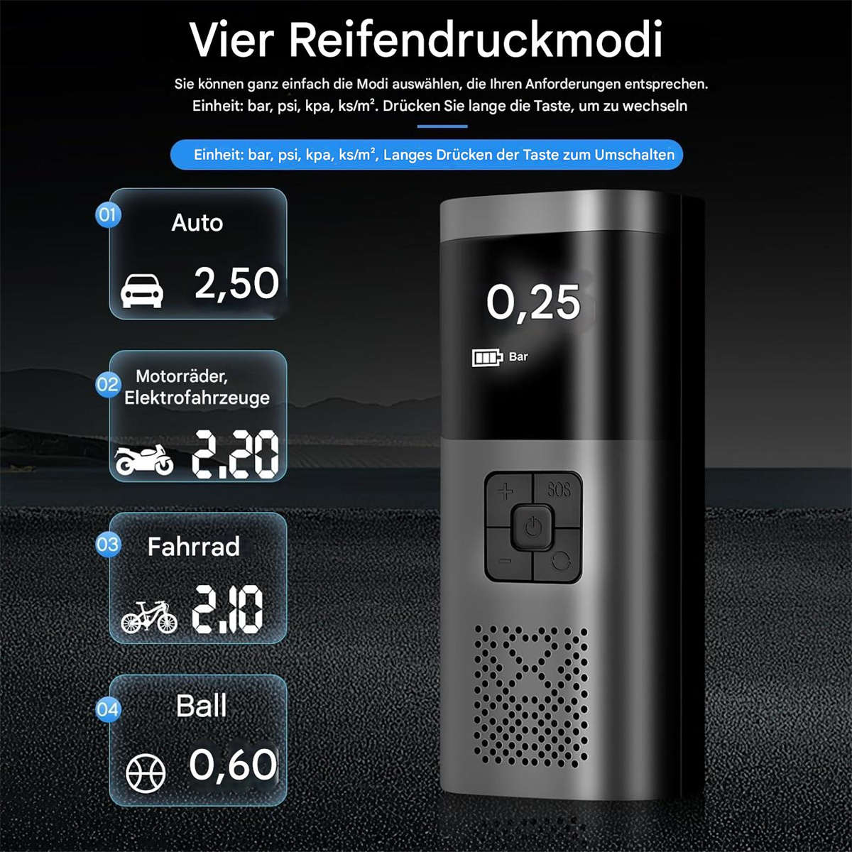 Luftkompressor mit verschiedenen Modi für Auto, Motorrad, Fahrrad und Ball.