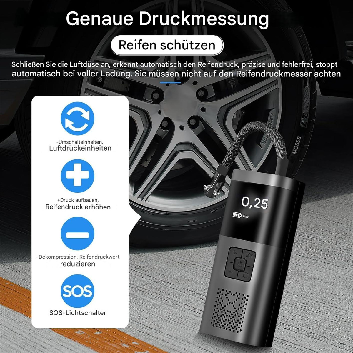 Digitaler Reifenfüller mit Messgerät. Zeigt den Druck auf dem Bildschirm an. Symbole für Funktionen. Autoreifen im Hintergrund.