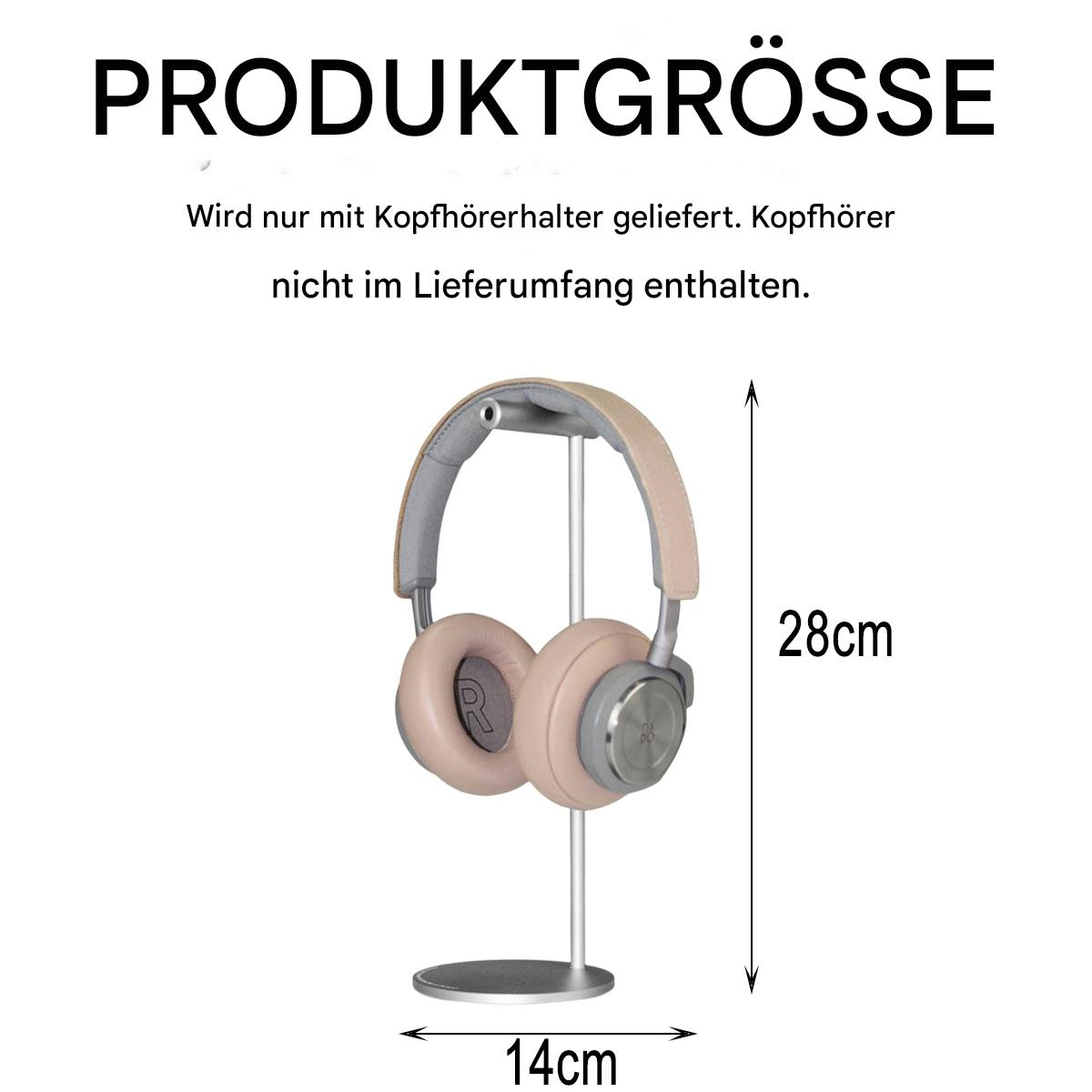 Rosa Kopfhörer auf einem Ständer, mit Abmessungen und Text oben.