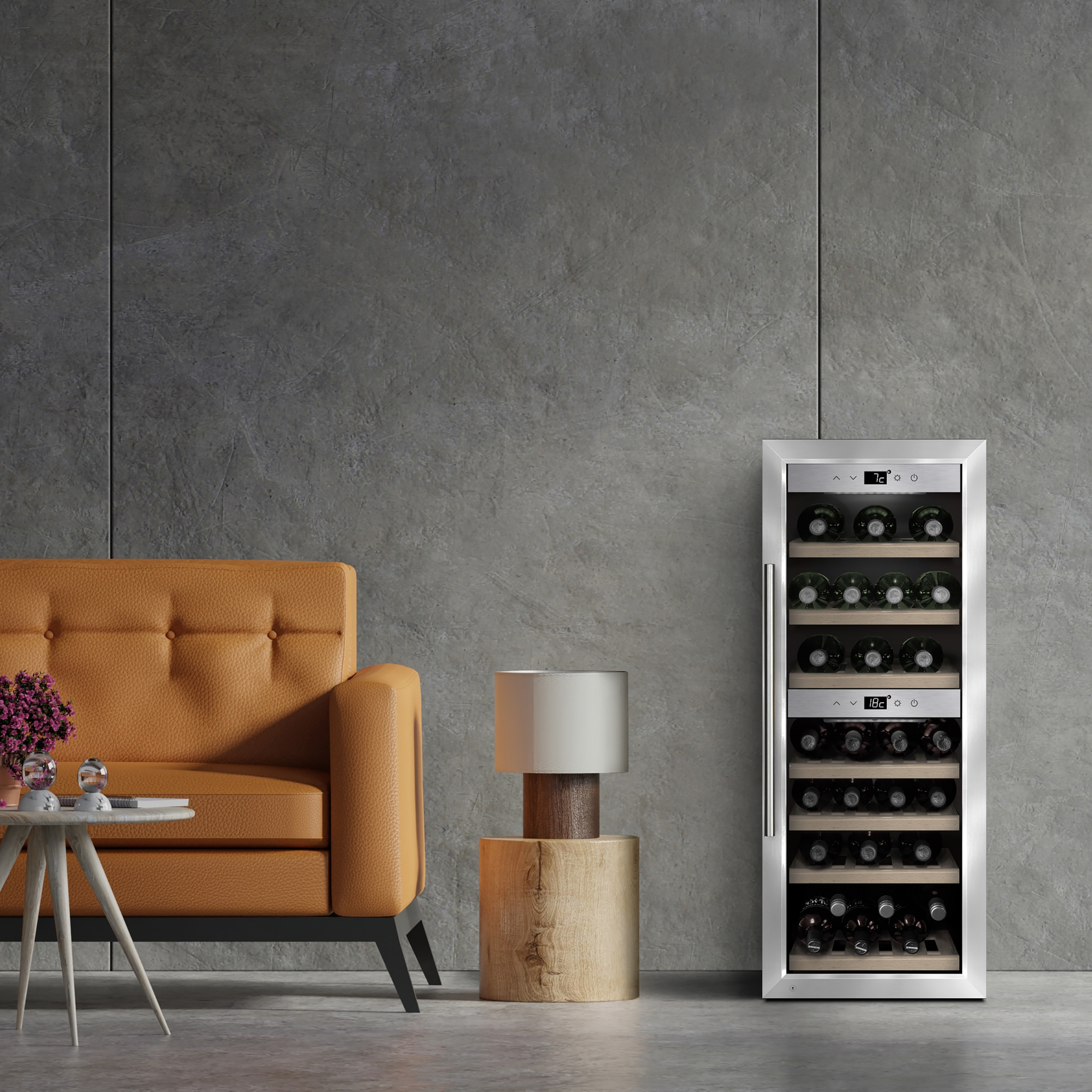 Stanza moderna con cantinetta, divano e tavolino in legno. Parete grigia.