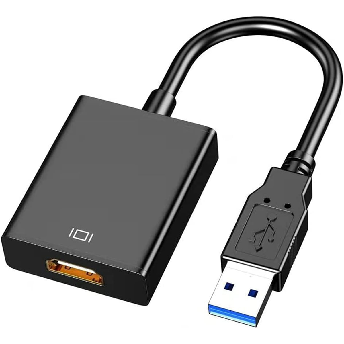 Schwarzes HDMI-zu-USB-Adapterkabel. Es hat einen rechteckigen Adapter und einen USB-Anschluss.