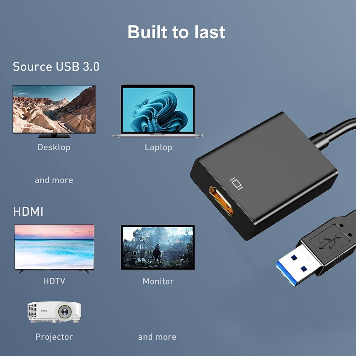 Bild zeigt einen schwarzen USB 3.0-zu-HDMI-Adapter mit verschiedenen angeschlossenen Geräten, wie einem Laptop und einem Projektor.