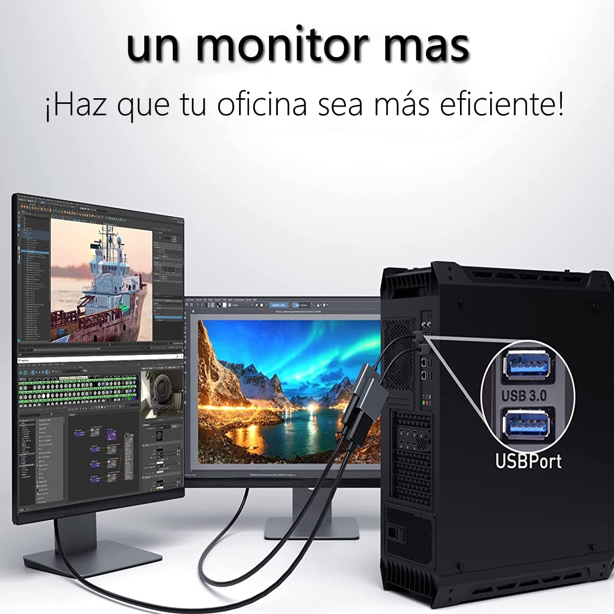 Zwei Monitore und ein Computer-Setup. Der Text lautet: 'Machen Sie Ihr Büro effizienter!' USB-Anschlüsse werden hervorgehoben.