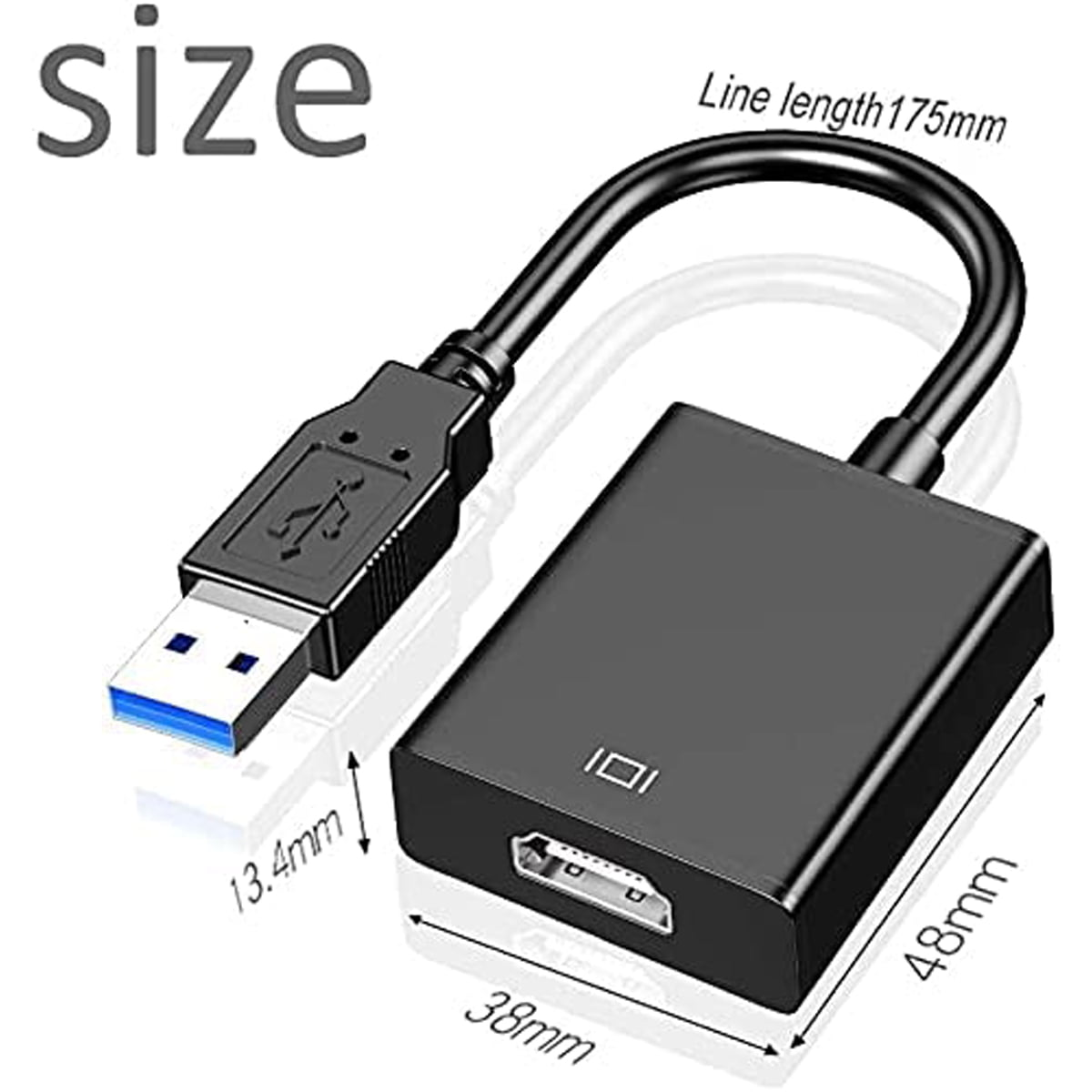 Schwarzer USB-zu-HDMI-Adapter mit markierten Abmessungen. Ein USB-Anschluss und ein HDMI-Anschluss sind sichtbar.