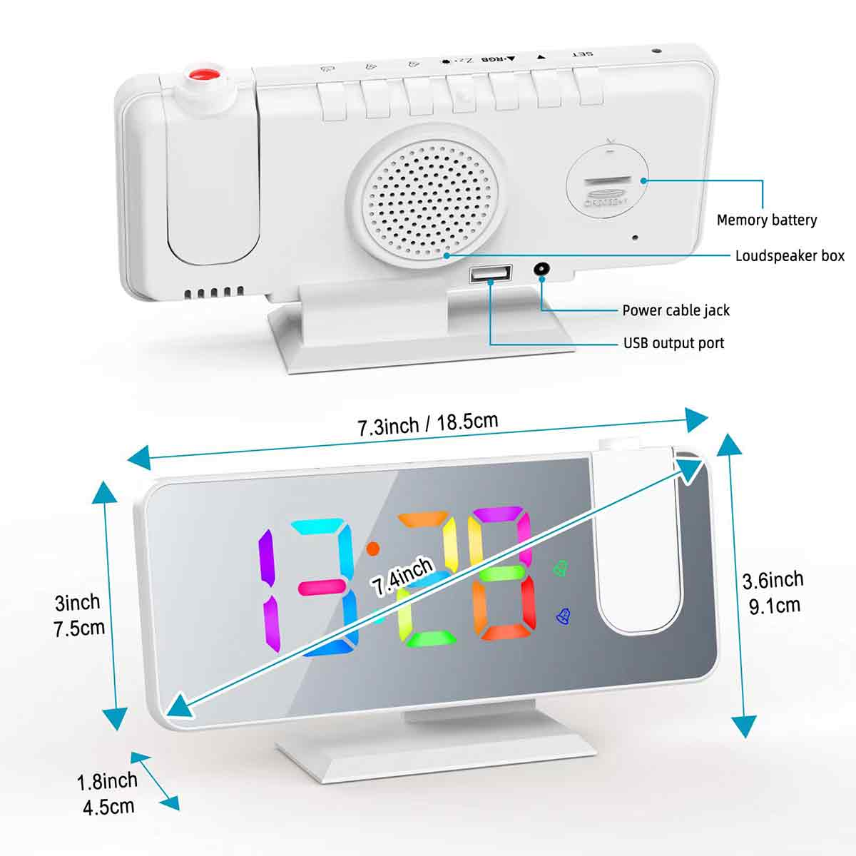 Weißer digitaler Wecker mit Regenbogenanzeige. Merkmale: USB, Stromanschluss, Lautsprecher, Abmessungen in Zoll/cm.